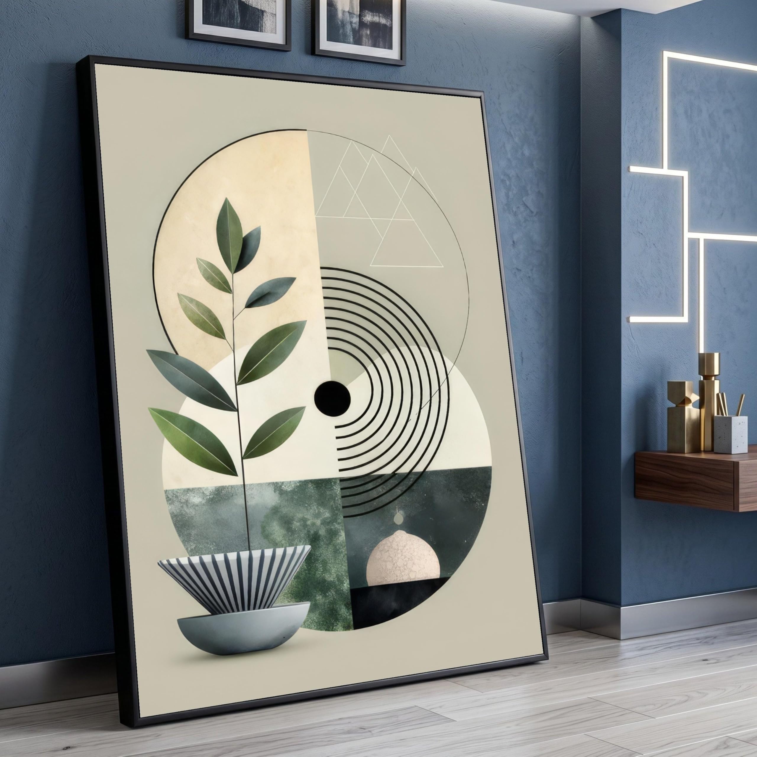TONGYINLI Geometric Botanical Canvas Prints, Abstract Circle Wall Art, Minimalist Plant Painting Art, Home Decor Green Leaf Canvas(70x110cm/Frameless)