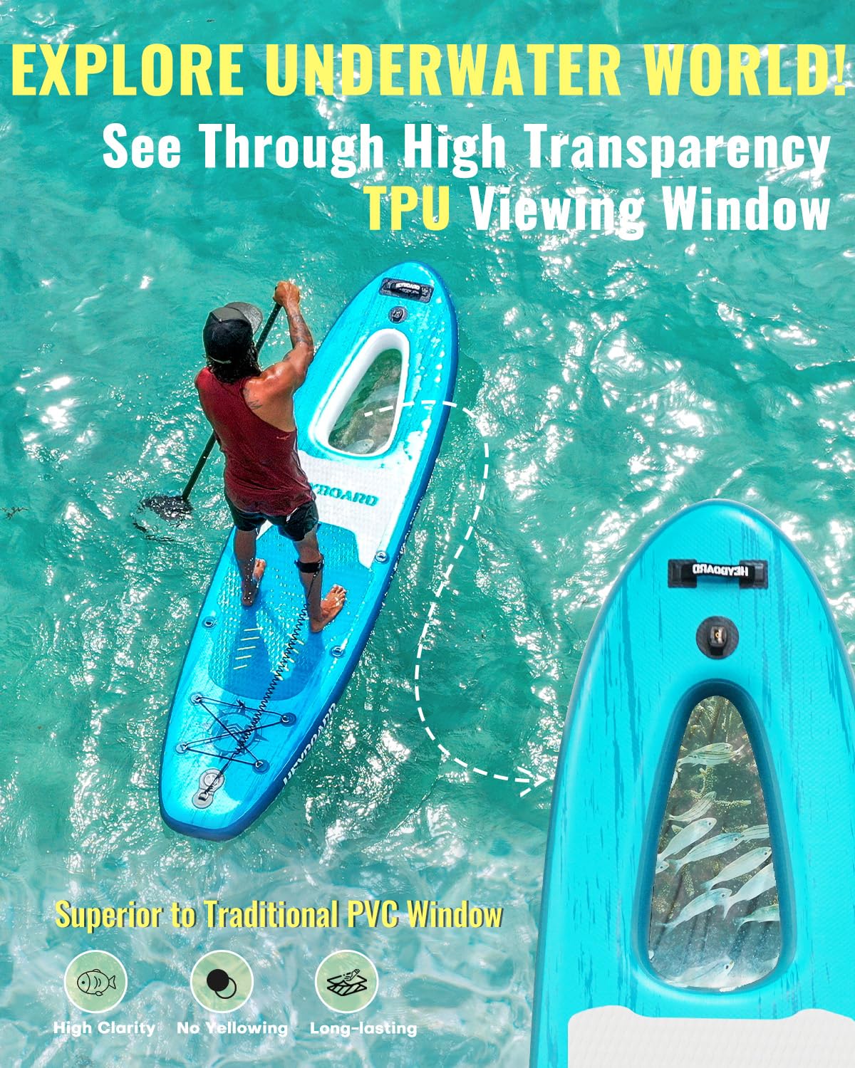 HEYBOARD Prancha de stand-up paddle inflável com janela de