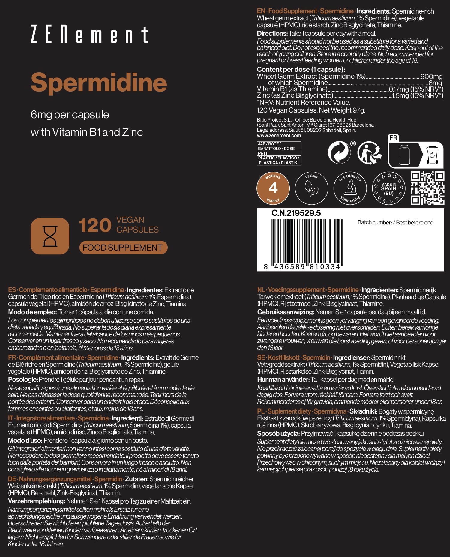 Spermidyna - 6 mg z witaminą B1 i cynkiem - Wysoka dawka - 120 wegańskich kapsułek - 100% naturalny ekstrakt z zarodków pszenicy - Bez dodatków, bez GMO - Zenement