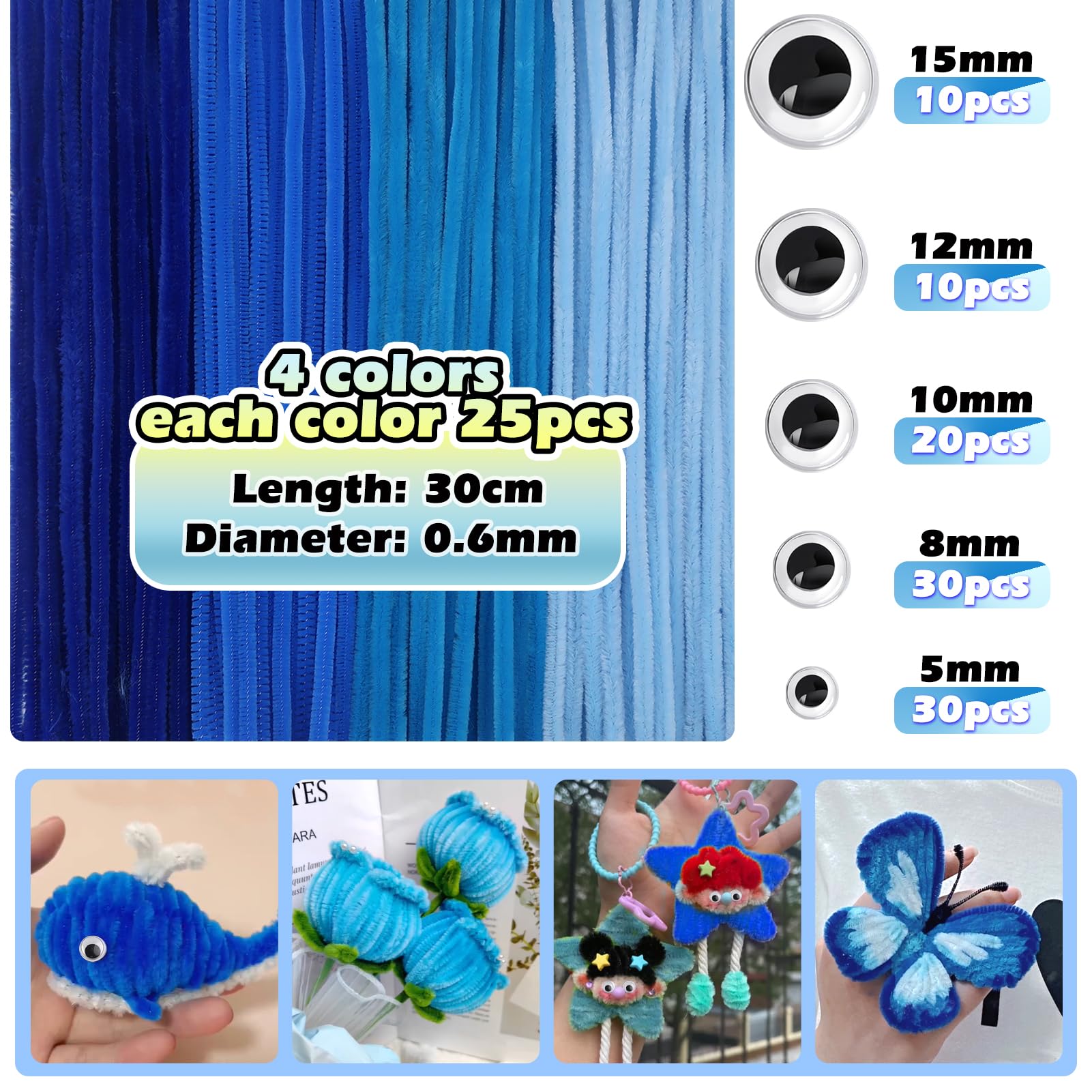 TOAOB Pipe Cleaners 4 Different Blue for Crafts 100 Pieces Chenille Wire Pipe Cleaners Long 30 cm x 6 mm Pipe Cleaner Crafts for DIY Craft Projects - Image 2