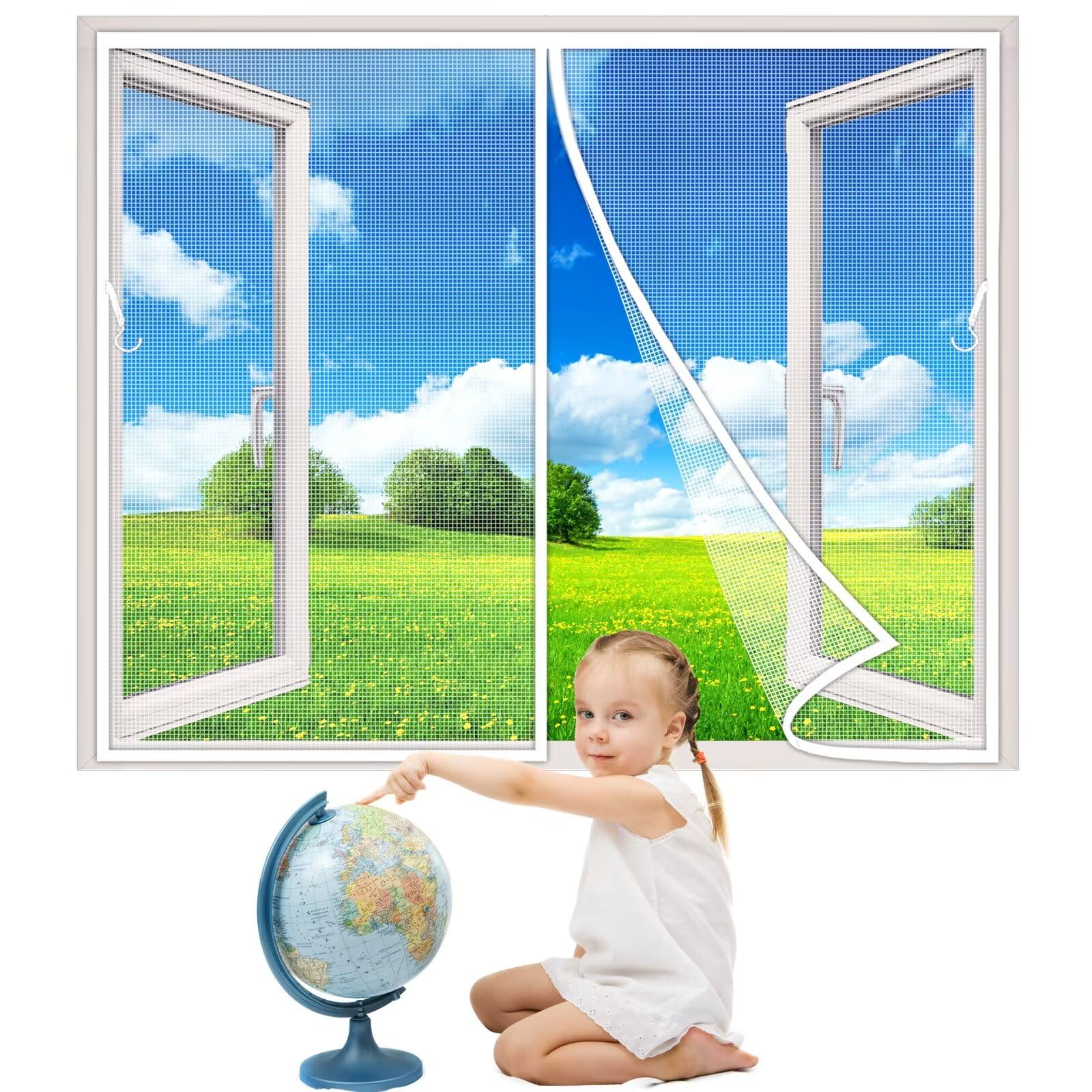 Magnet Fliegengitter Fenster Insektenschutz, 145x225cm Feines undurchdringliches Gitter, Klettverschlussrollen inklusive, vollmagnetisch, schließt automatisch, Weiß 1995-Größe