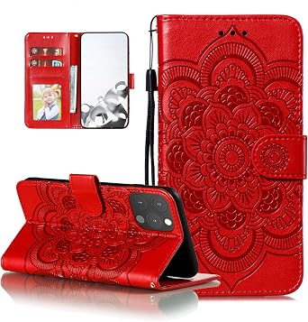 EYZUTAK Case for iPhone 13 Pro Max, Premium PU Leather Magnetic Flip Wallet Case with Card Holder Cash Slot Lanyard Strap Kickstand Function Embossed Mandala Flower Pattern Shockproof Cover - Red