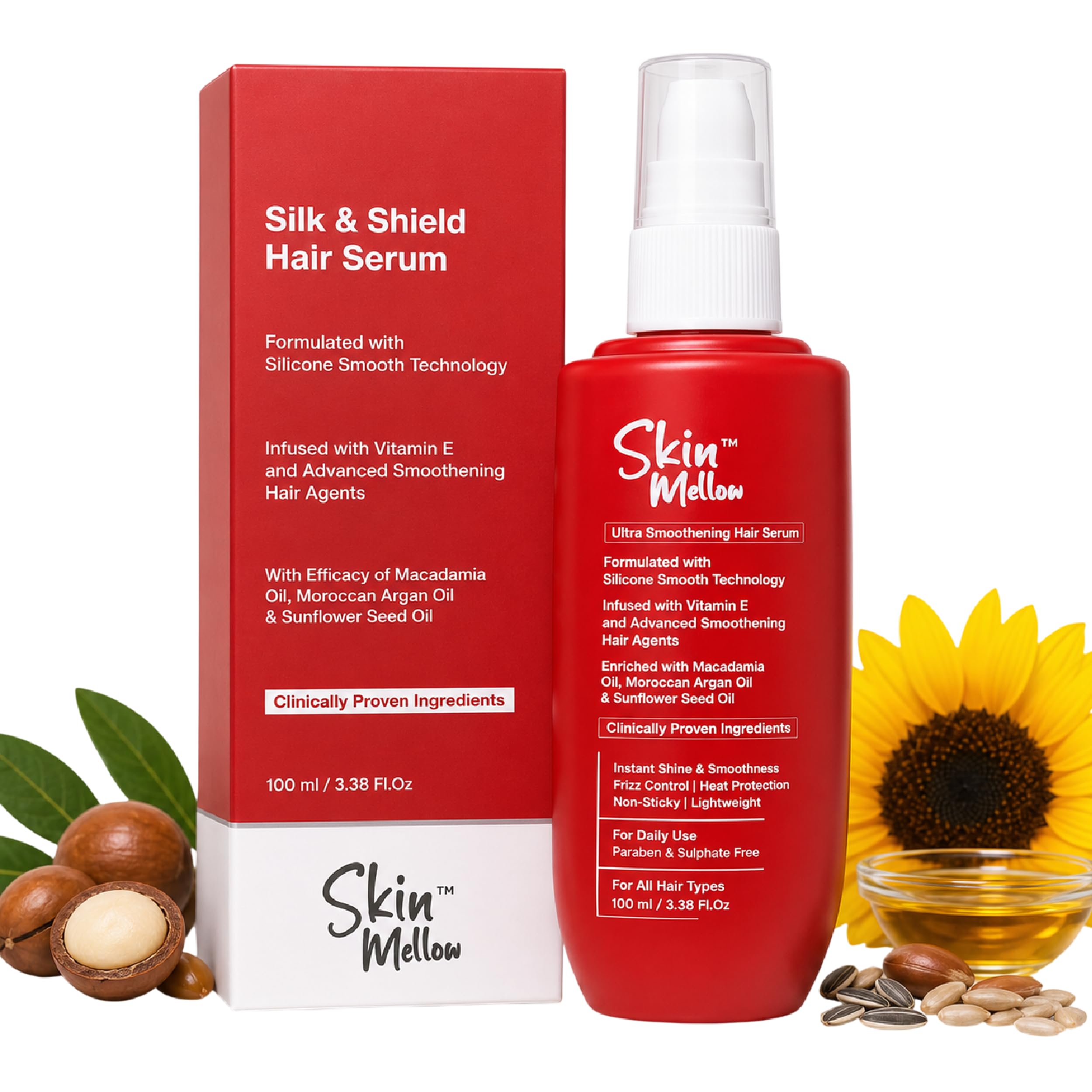 Skin Mellow Ultra Smoothening Hair Serum with Vitamin E, Macadamia Oil, Moroccan Argan Oil, Heat Protection, Non-Sticky Formula, 100ml-image-8