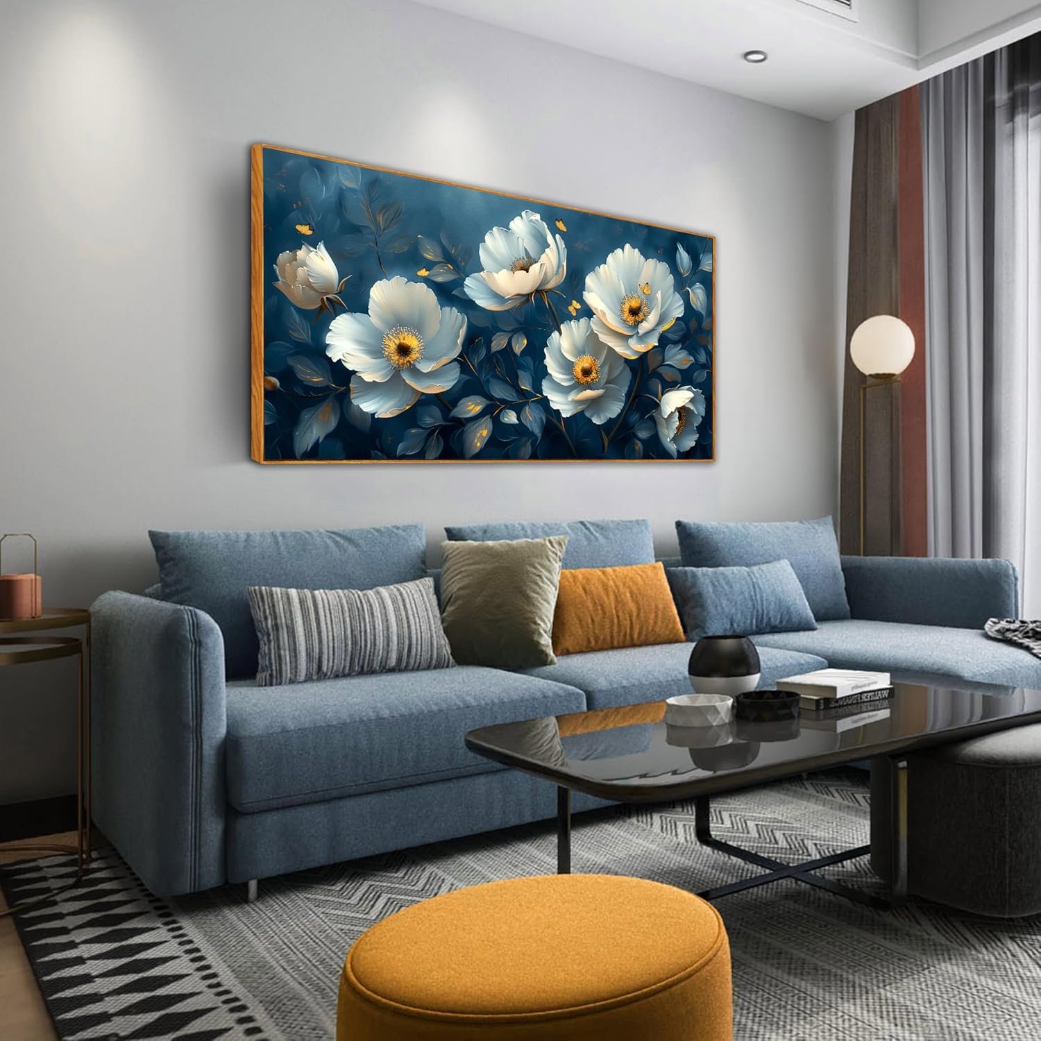 Ouzzlie White Floral Canvas Wall Art for Bedroom Large Blue Wall Decor Plant Picture Artwork 24" x 48" 48"L x 24"W White