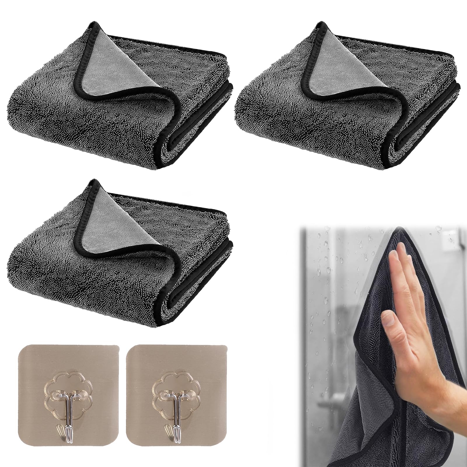 Bisienya3 Pieces Bathroom Drying Cloth with 2 Hooks,Cloths for Cleaning Shower Glass,Bathroom Cleaning Cloth,Bathroom Cloths for Showers,for Removing Water in Shower and Bathroom(40x40cm)