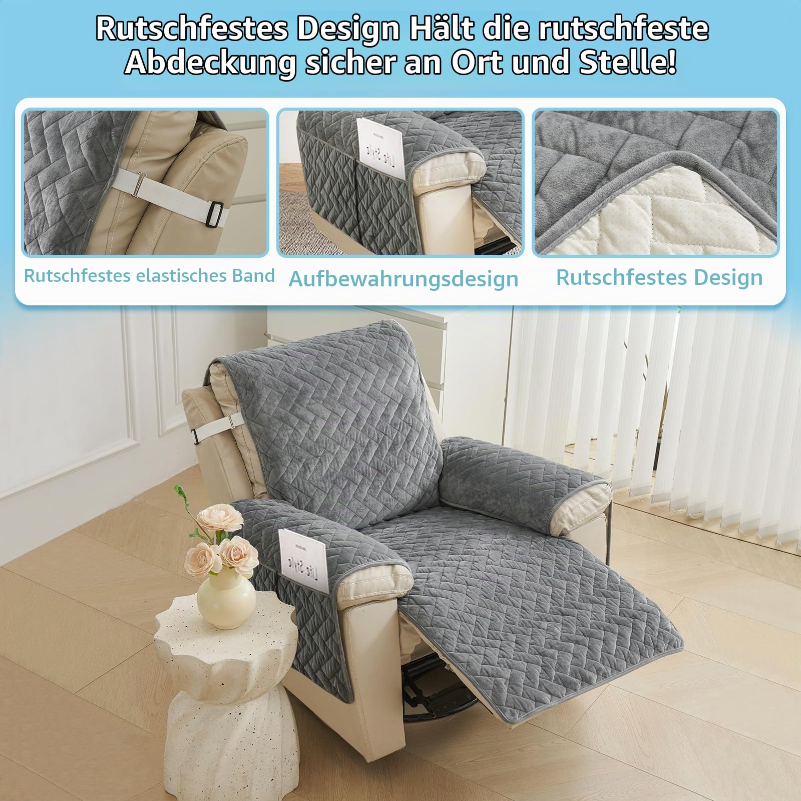 Sesselschoner für Relaxsessel, 1 Sitzer Sesselschoner mit Taschen, Schutz vor Schmutz und Kratzern, rutschfest Fernsehsessel Bezug (Grau, 1 Sitzer)