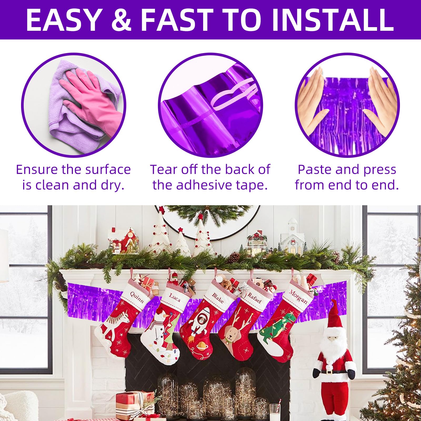 Paquete de 12 guirnaldas de flecos de papel de aluminio metálico de 10 pies, pancarta de oropel para colgar en la pared, color morado para flotadores de desfile, bodas, cumpleaños, Navidad