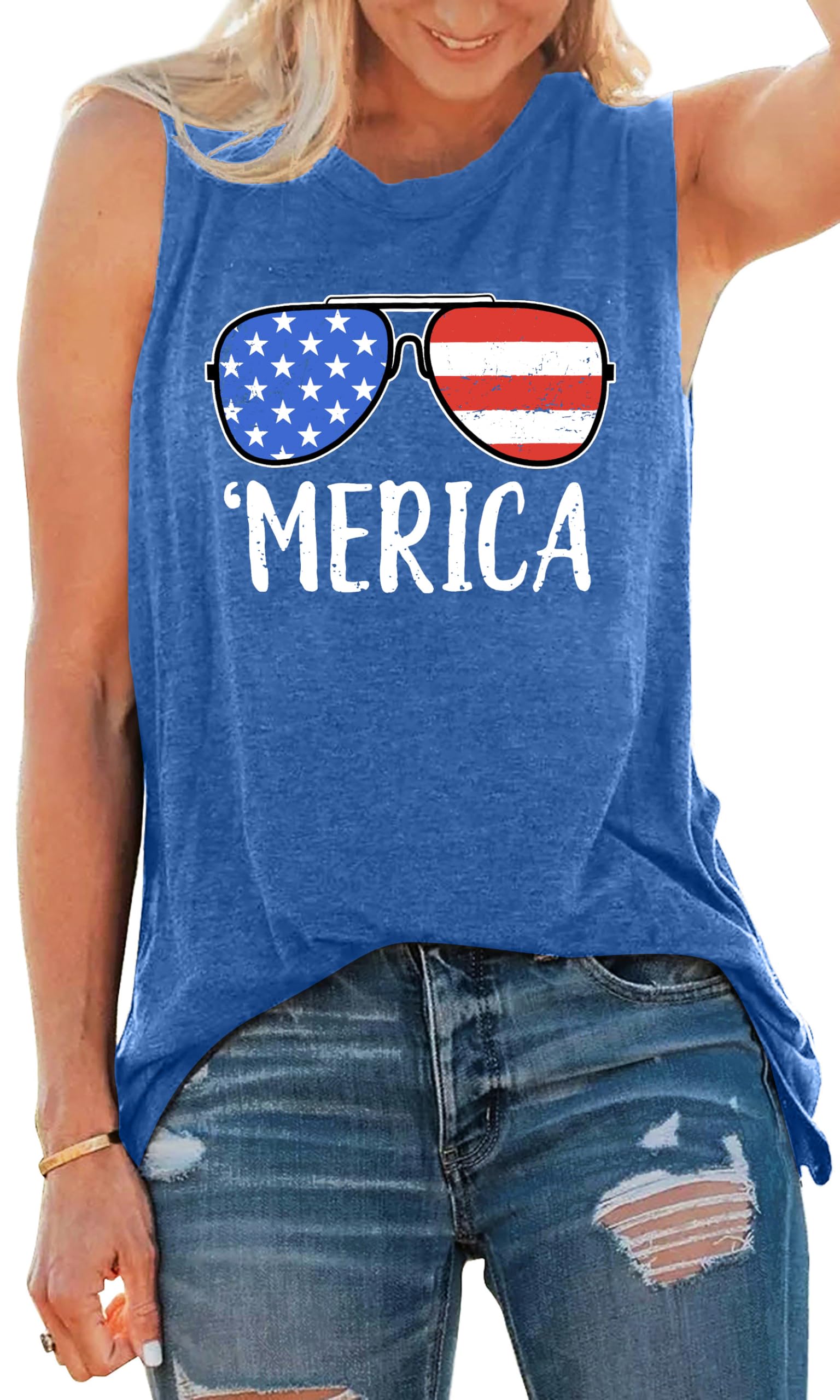 American Flag Tank Tops Women Sunglass Graphic Tees Shirts Casual Sleeveless 4th of July Shirt Tops
