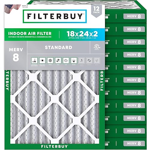 Filterbuy 18x24x2 Air Filter MERV 8 Dust Defense (12-Pack), Pleated HVAC AC Furnace Air Filters Replacement (Actual Size: 17.38 x 23.38 x 1.75 Inches)
