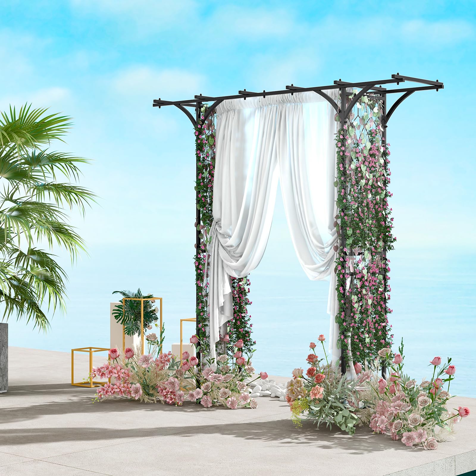 HOMASIS Arco da Giardino in Metallo, Graticcio Decorativo per Piante Rampicanti, Rose e Viti, Arco Metallico per Esterno, Giardino, Prato e Cerimonie di Matrimonio, 200 x 52 x 206 cm, Nero