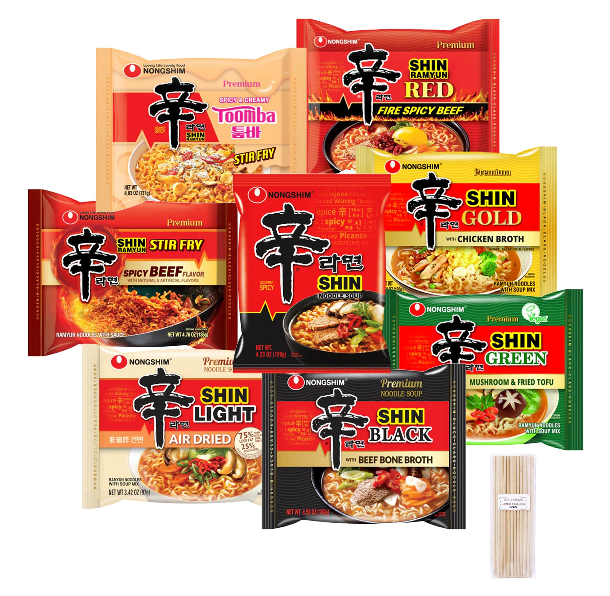 Pinstar Premium Gourmet Spicy Shin Instant Ramen Noodle 8 Flavor Combo - Korean Ramen Set (8 Pack)