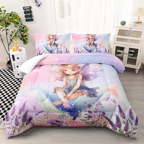 AILONEN Juego de edredón de hada de flores, tamaño individual, hermoso juego de ropa de cama para niñas, juego de edredón acuarela rosa y morado,