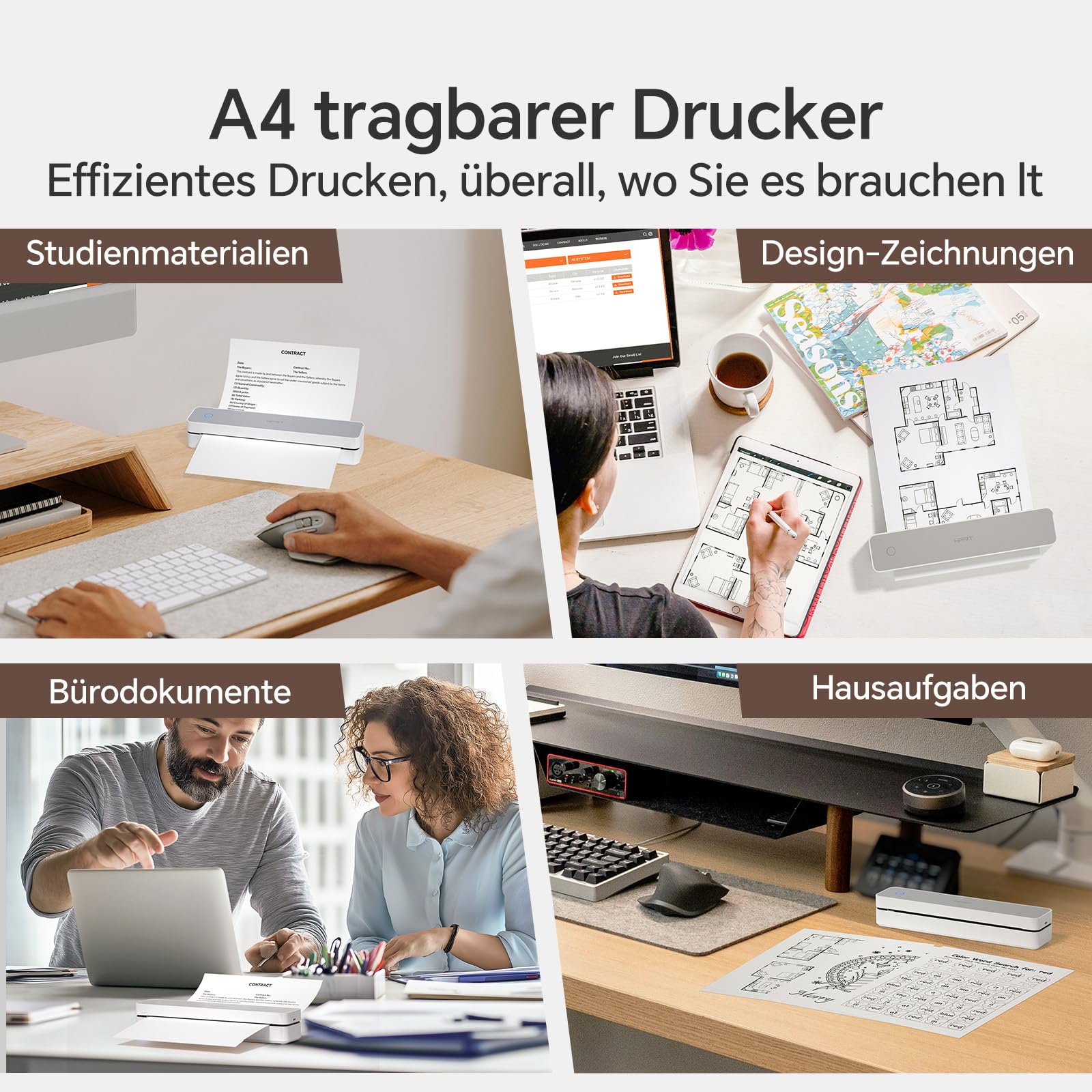 HPRT impresora portátil inalámbrica para viajes, apoya papel A4 | Impresora térmica Bluetooth compatible con iOS, Android y portátil, móvil sin tinta, para oficina, escuela, blanco/gris