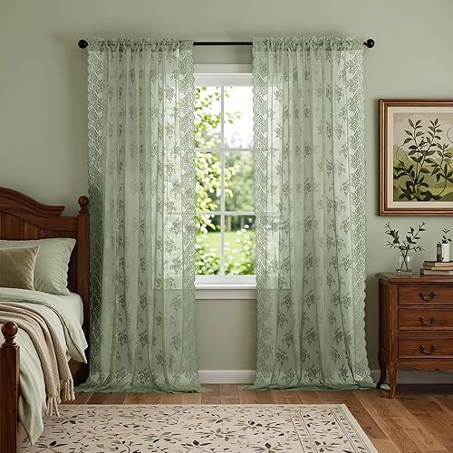 Miniatura 62 de Kotile Cortinas traslúcidas beige de 96 pulgadas de largo para sala de estar, 2 paneles de cortinas rústicas de encaje florales retro crema para