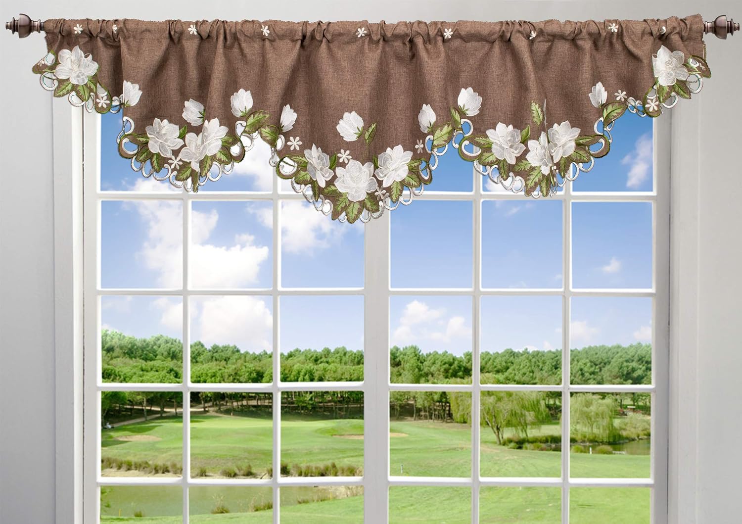 Beautiful White Magnolia Floral Design and Green Leaves Embroidered Cutwork Edges on Brown Polyester Linen Mantel Scarf, Fireplace Mantel Decor, Large Window Valance (18.5Wx87L)