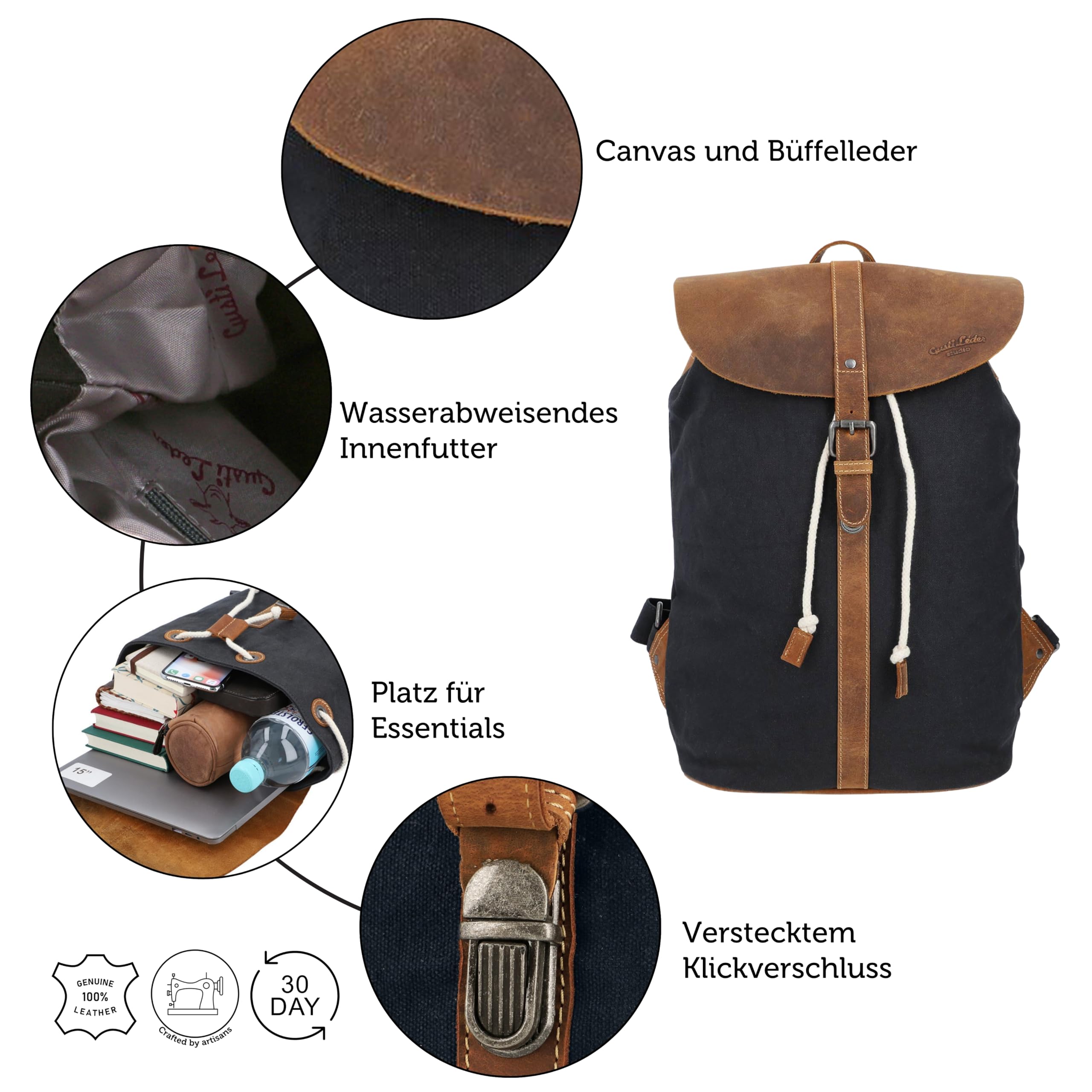 Gusti Rucksack Leder - Paula L groß Cityrucksack Collegerucksack Unirucksack Daypack Schultasche Laptoptasche Laptoprucksack Lederrucksack Blau & Leder