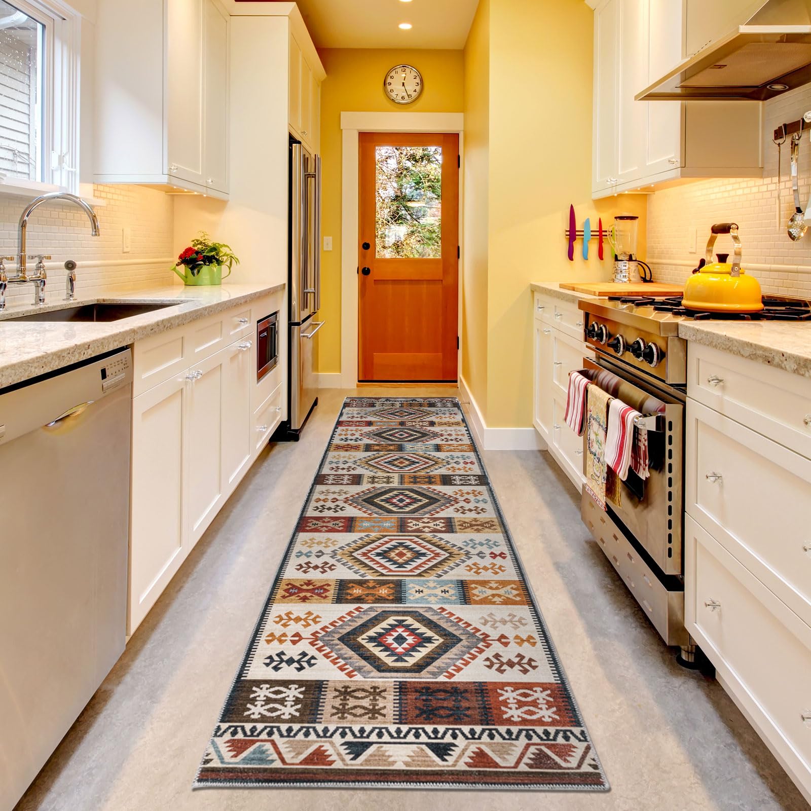 Rita Moroccan Runner Rug, 2'6''×9' Washable Western Area Rug, Non-Slip Southwest Boho Rug, Non-Shedding Aztec Rug, Geometric Carpet with Low Pile for Hallway, Bath, Laundry, Kitchen, Brown