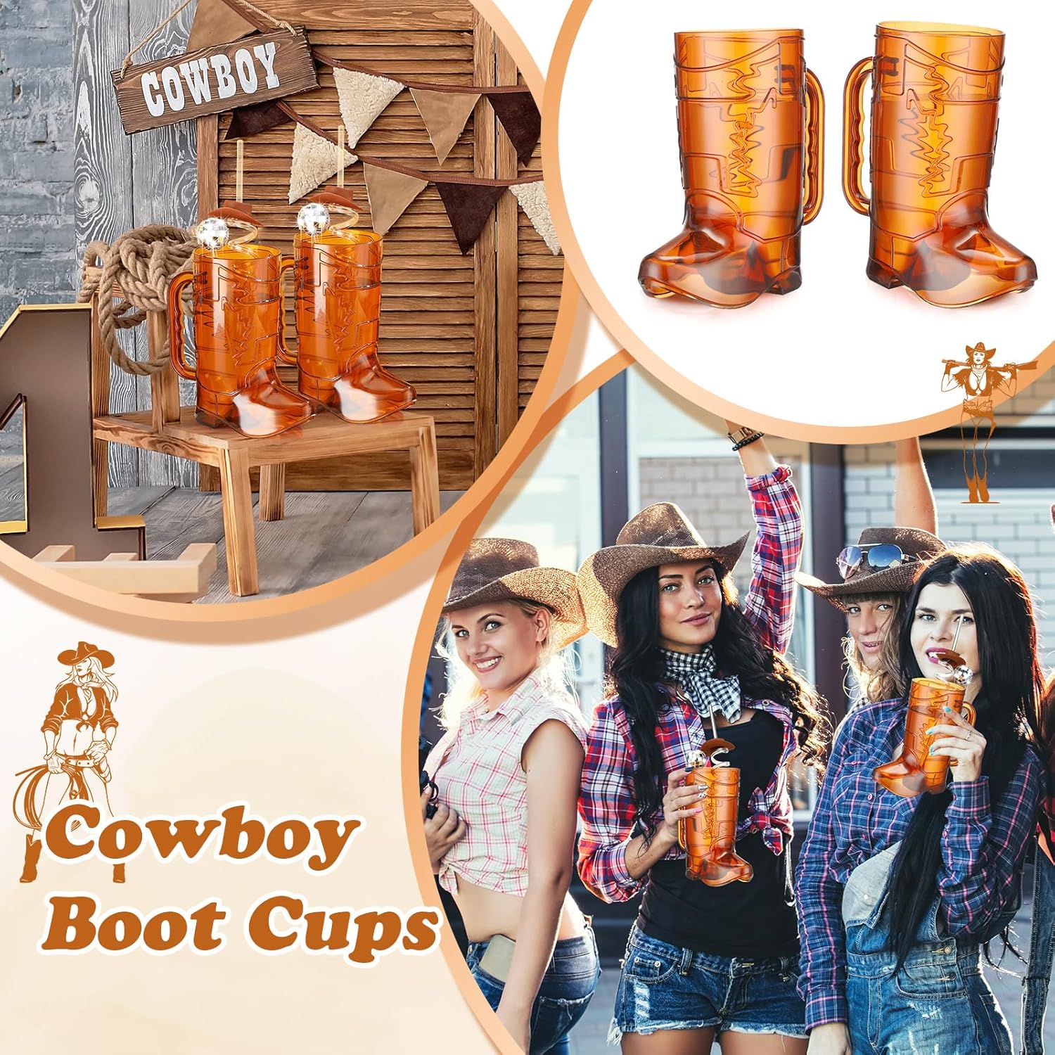 36 Pcs Cowboy Boot Glasses Bulk, 12 Cowboy Drink Mugs 12 Cowgirl Hat Straws 12 Mirror Disco Ball Stirrers for Western Theme Party Bachelorette Birthday Decorations(Brown)