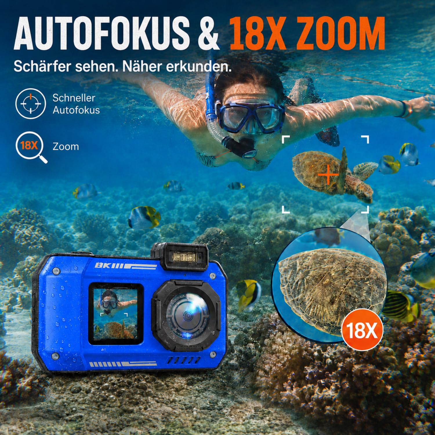 Maxmango D50 8K Unterwasserkamera,33FT wasserdichte Kamera mit 16GB Karte,2.8'' Dual-Screen Selfie Staubdichte, Stoßfeste Digitalkamera mit 2500mAh Batterie, 18X für Schnorcheln, Schwimmen und Urlaub
