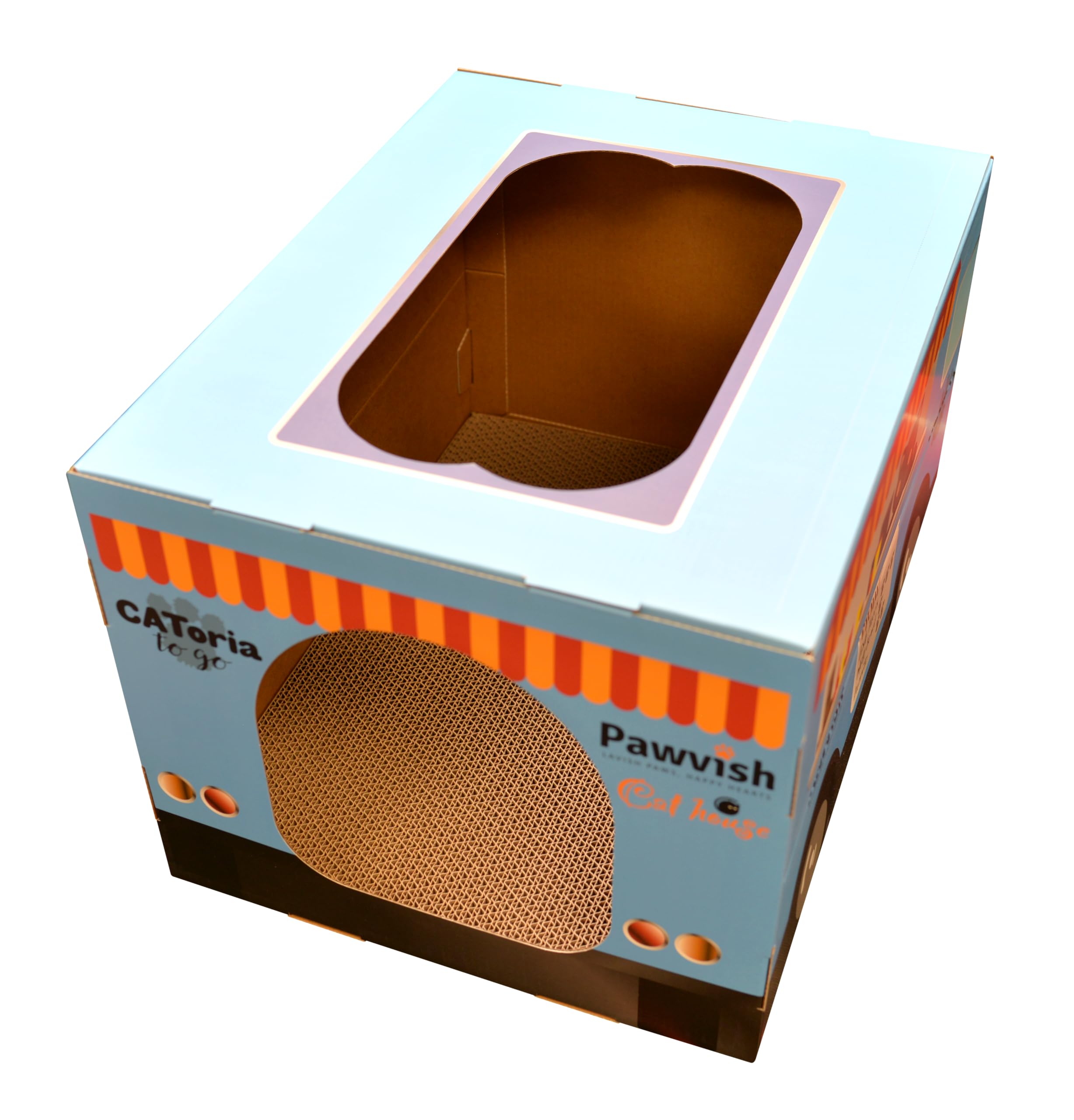 Casa y rascador de cartón para gatos (camión de comida)