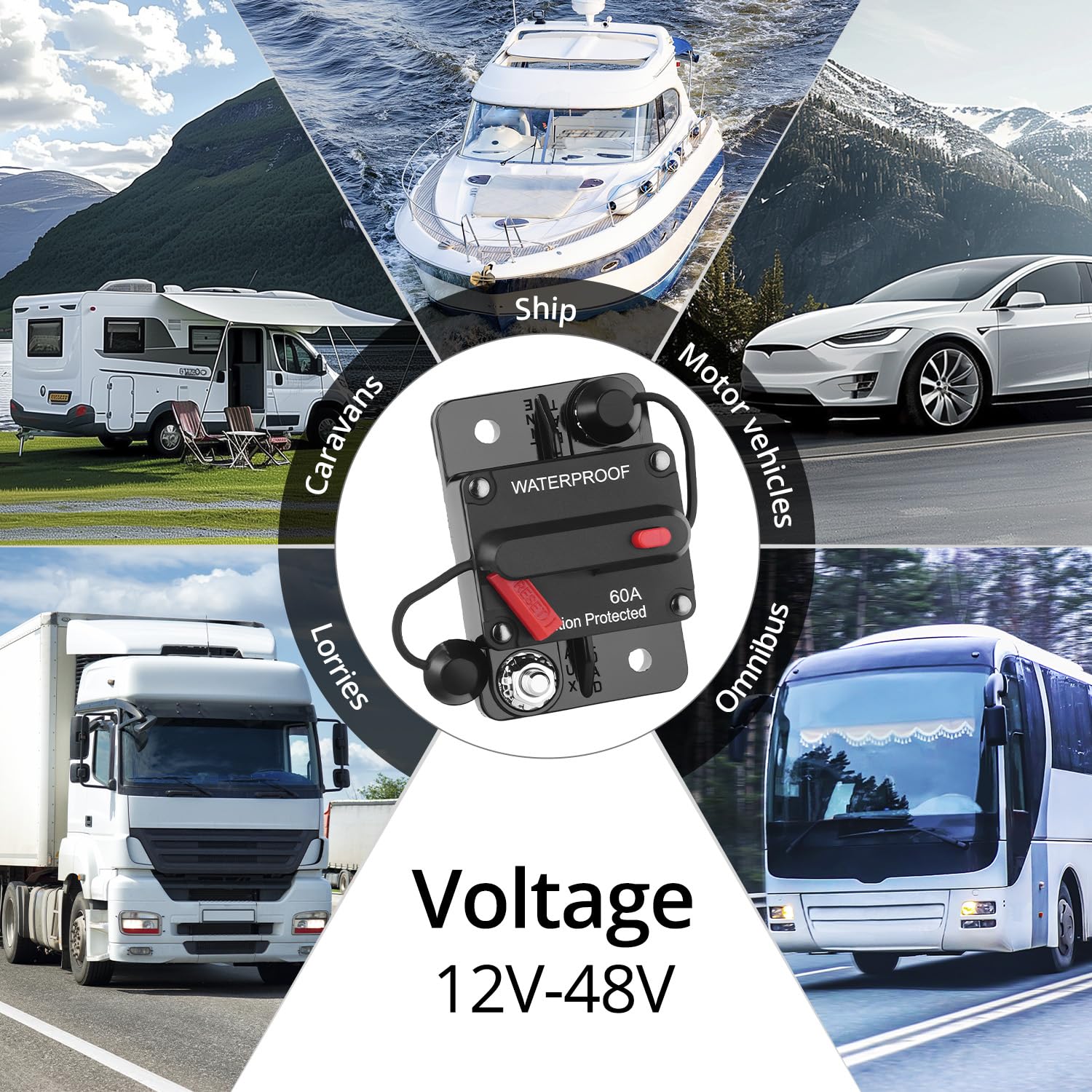 QWORK® Wyłącznik automatyczny 60 A z ręcznym resetowaniem 12 V-48 V DC, wodoodporny, inline, do silników trolingowych, samochodów, łodzi, ciężarówek