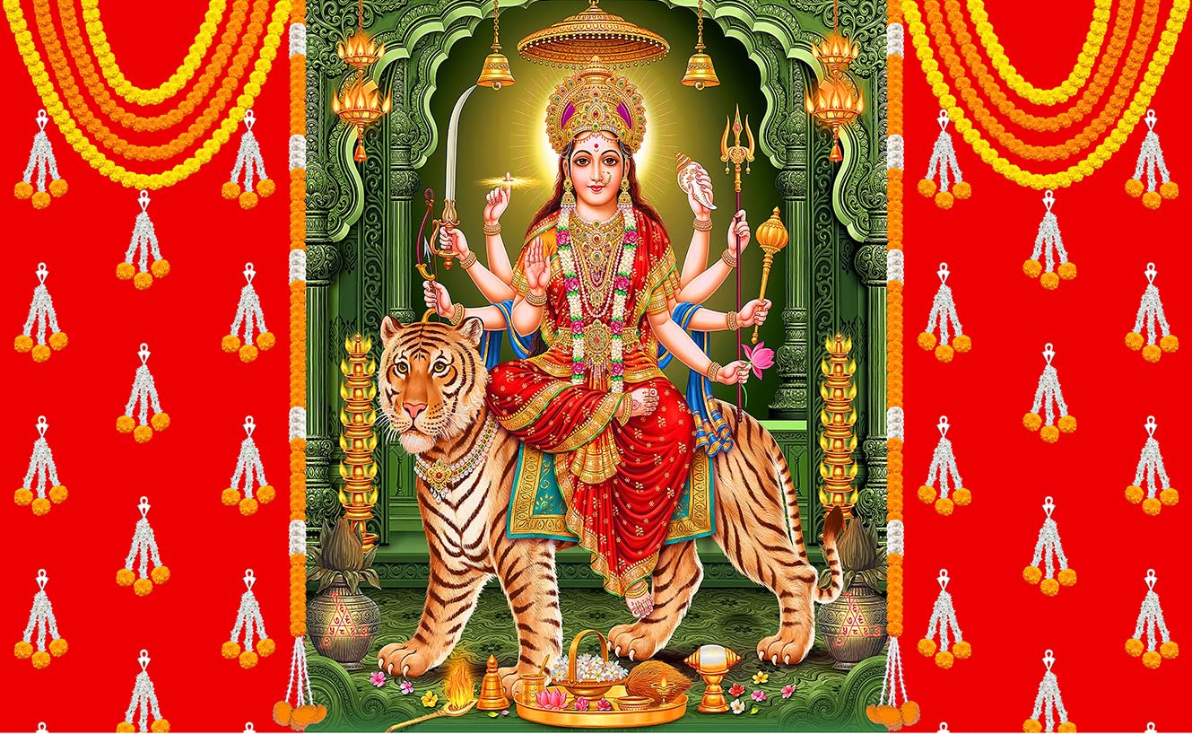 Durga MATA Festival Backdrop 5x8 Feet Taiwan Fabric | Traditional Pooja & Navratri Decoration Banner-image-9