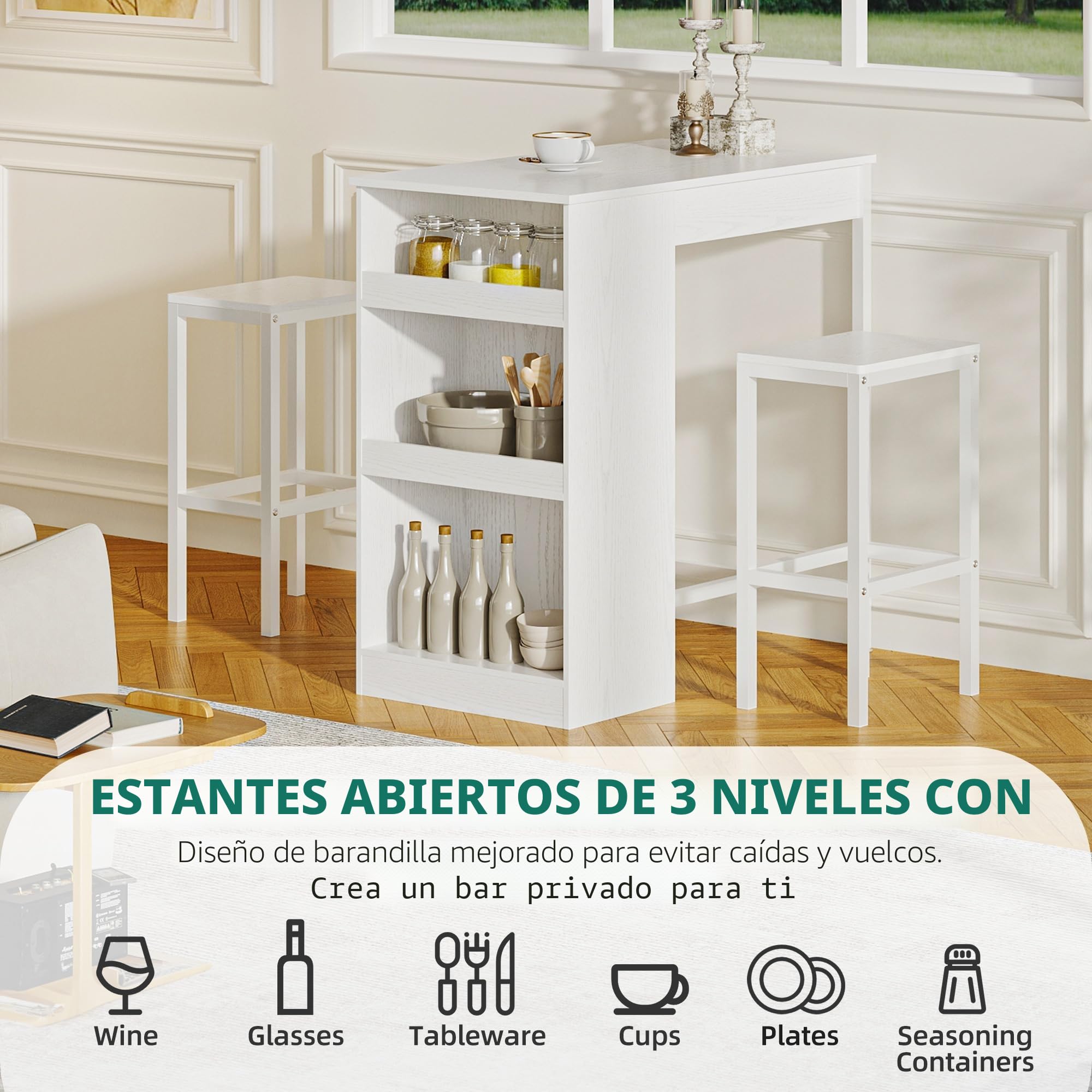 YITAHOME Juego de Mesa de Bar con taburetes de Bar, Mesa de Bar de 3 Piezas, Mesa de Comedor con 2 taburetes, 3 estantes, Taburete de Bar con Marco de Metal, Blanco