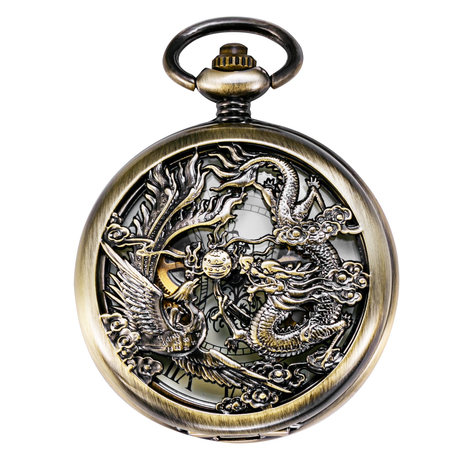 TREEWETO Orologio da taschino da uomo con catena analogica a carica manuale antico drago fenice scheletro bronzo