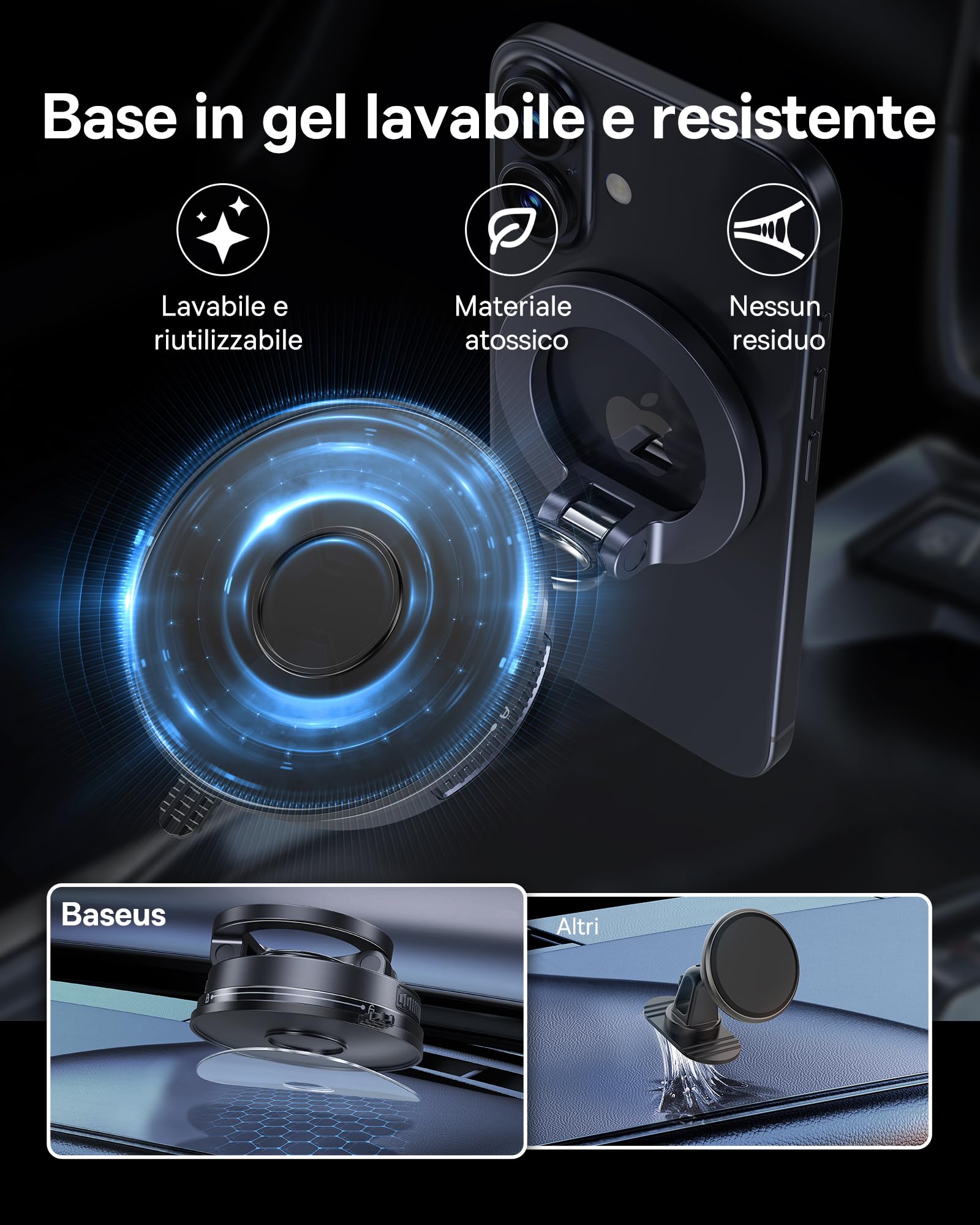 Baseus VC2 Flex Supporto Telefono Auto Magnetico Vacuum Suction, Porta Cellulare Auto Magsafe con Ventosa per Cruscotto e Parabrezza, Regolabile a 720° e Pieghevole per iPhone 16 15 14 13 Pro Max
