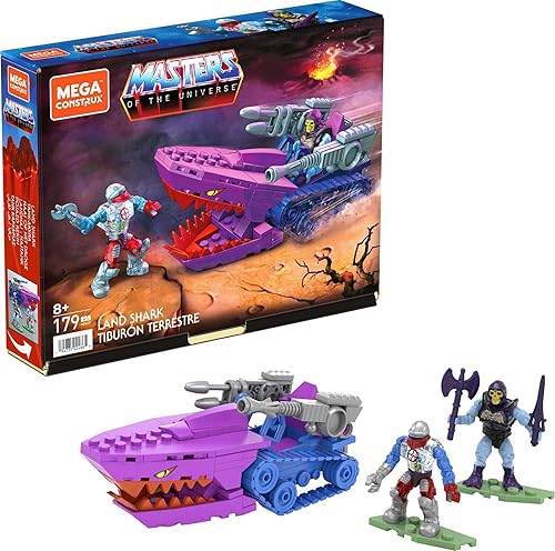MEGA Construx Masters of the Universe - Juego de juguetes de construcción, Land Shark Attach Vehicle con 179 piezas, 2 figuras de acción micro