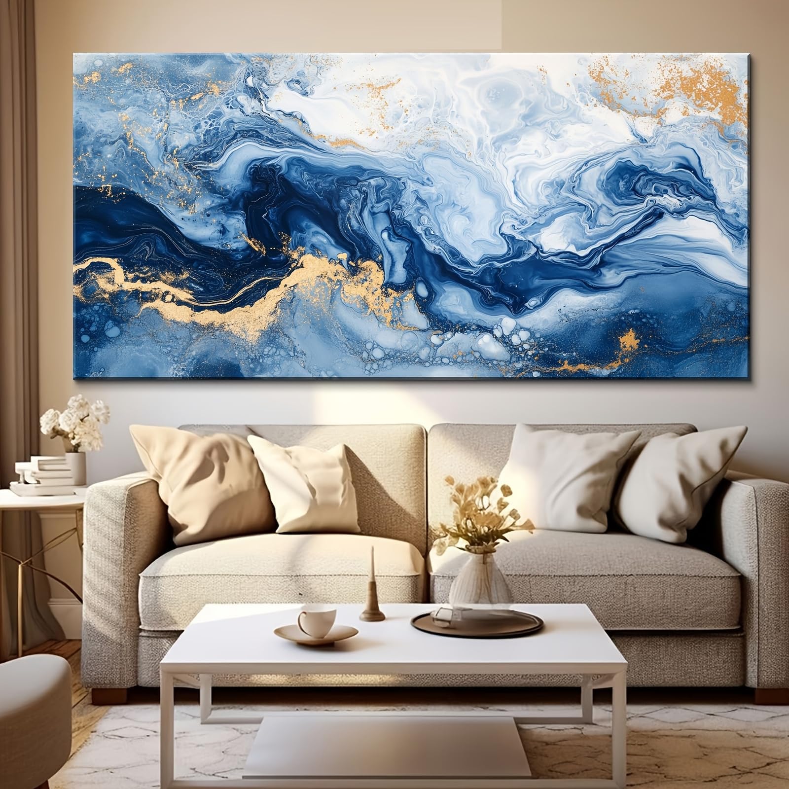 EPLKJHRTU Modern Navy Marble Wall Decor, Abstract Blue and Gold Canvas Wall Art, Large Canvas Prints for Living Room, Office(40x80cm/Frameless)