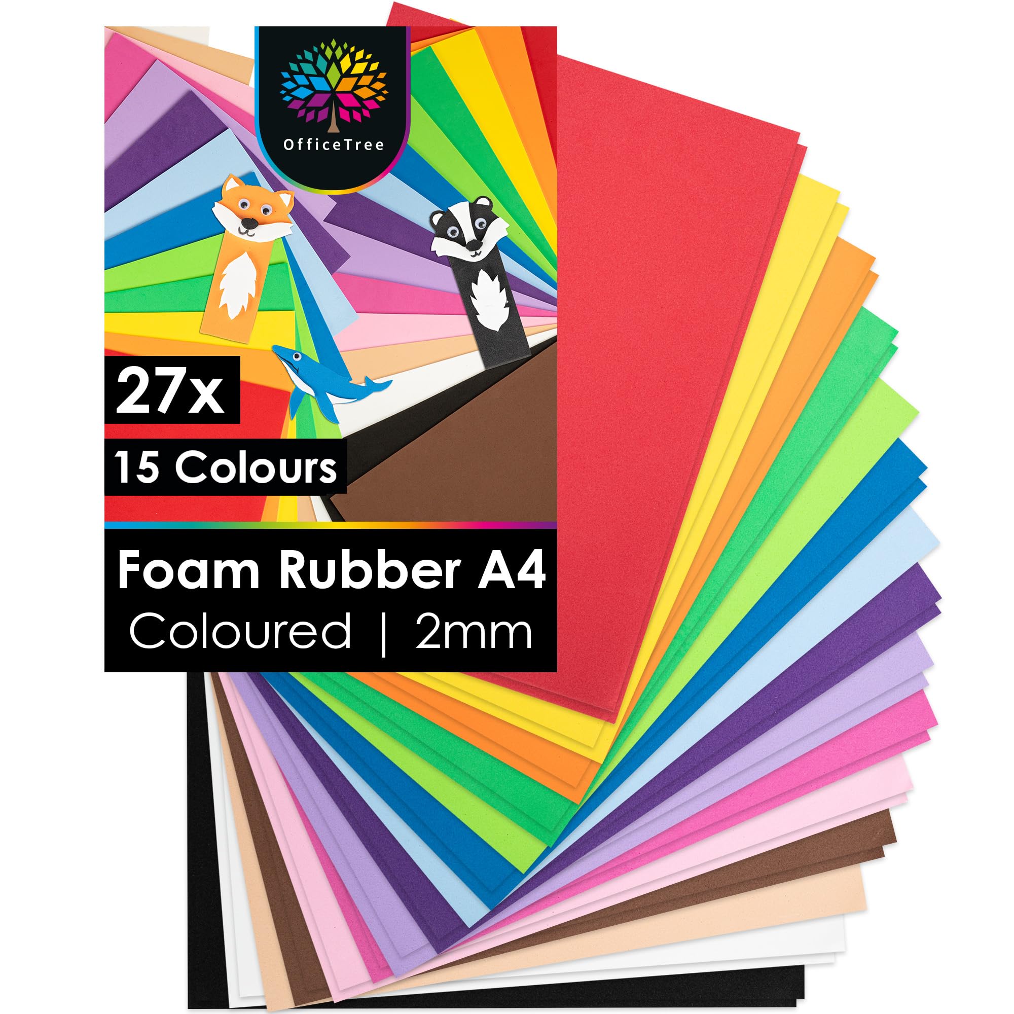 OfficeTree 27x Craft Foam Sheets A4 2mm - 15 Colours - Coloured Foam Sheets for Crafts 8.3 x 11.7 in - EVA Sheets for Arts, DIY and School Projects - Foam Paper for Crafting