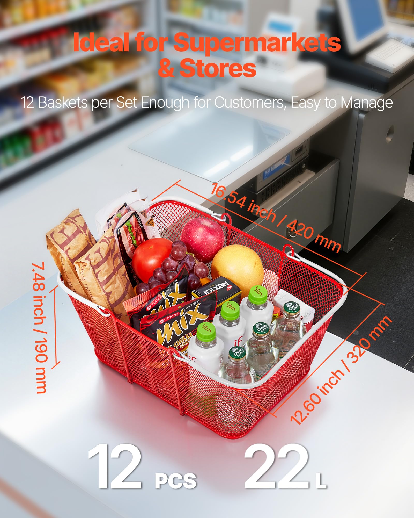 VEVOR Cestini per la Spesa Cestini per la Spesa in Metallo Impilabili da 22 Litri con Manici Portatili per Generi Alimentari, Vendita al Dettaglio, Supermercati, Uso Domestico, Rosso,12 Pezzi