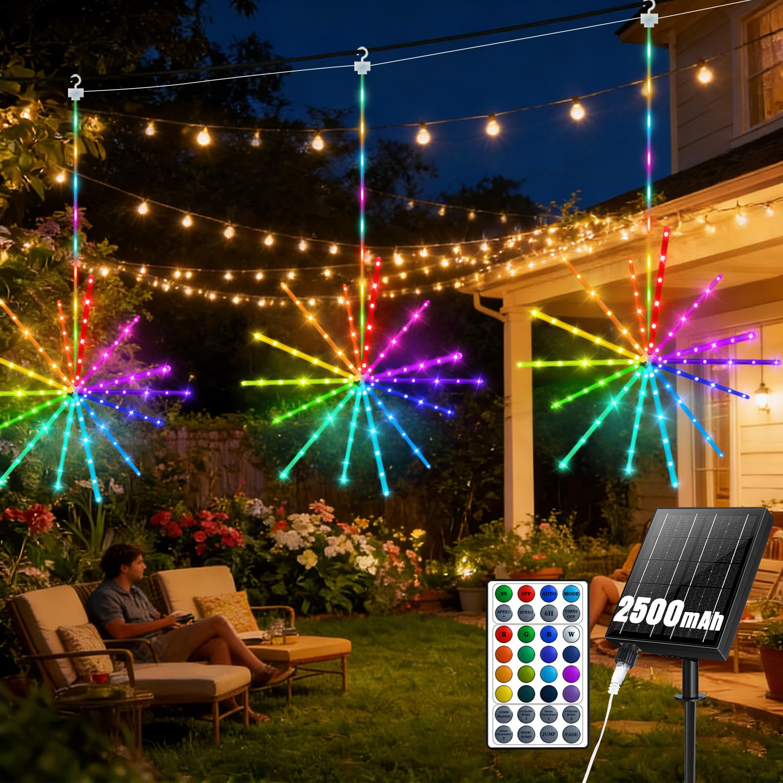 2500mAh RGB Luci solari da giardino per esterni 3 Stücke Farbwechsel Fuochi d'artificio da Giardino Esterno mit Wasserdichte Teleaufladbare Timer Hangende luci solari per fuochi d'artificio für Gazebo