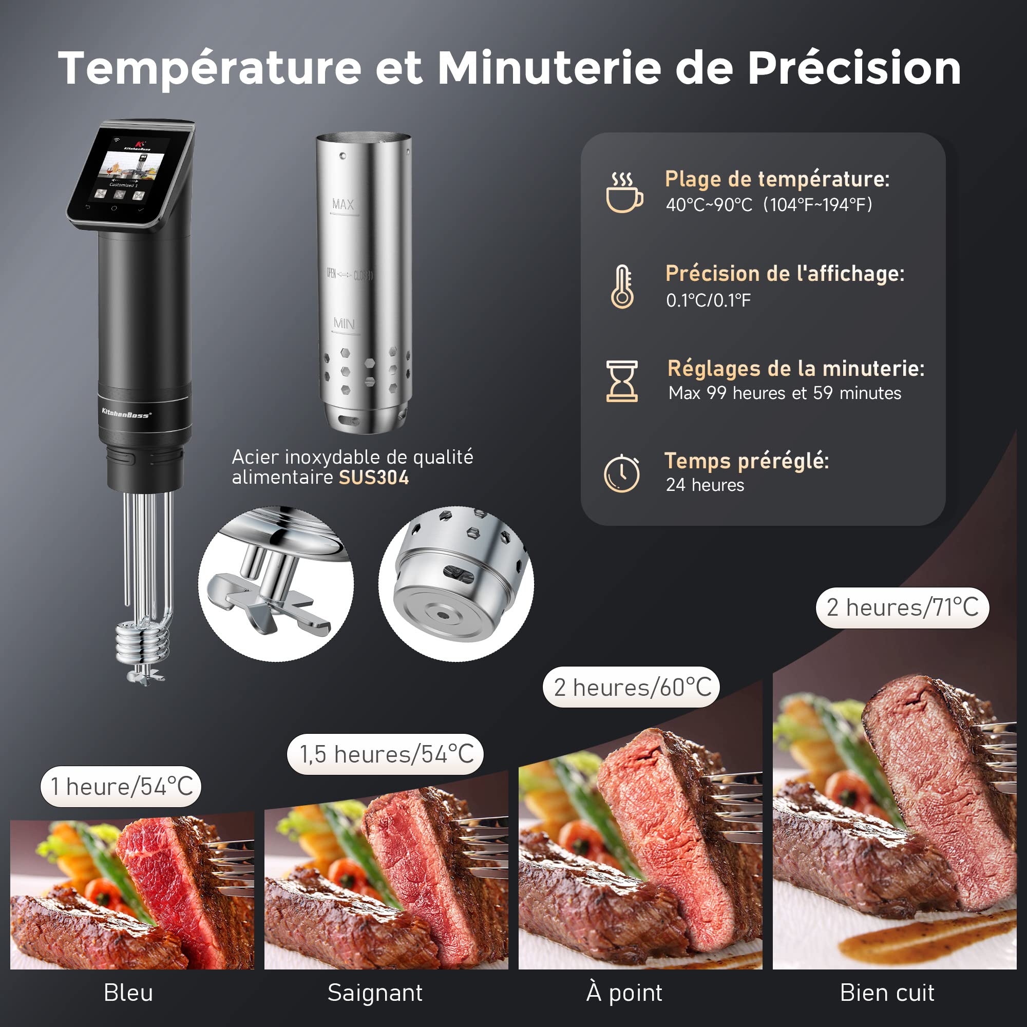 KitchenBoss Thermoplongeur WLAN Cuiseur Sous Vide: G330 Wifi Cuisson Sous Vide, 1100W,IPX7 Imperméable à l'eau d'Immersion de Cuisinière Thermostat Réglable APP Contrôle, Acier inoxydable, Noir