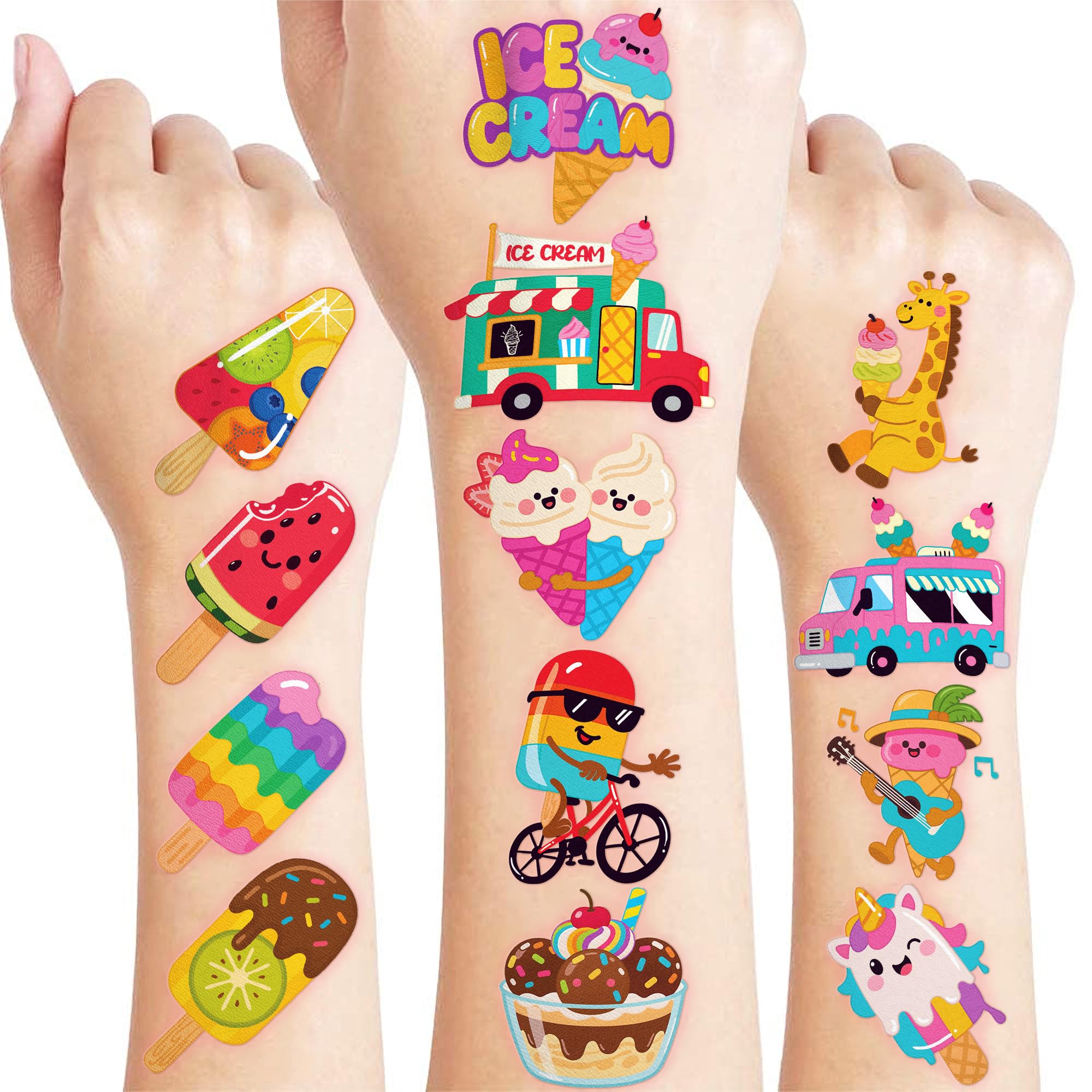 96 PCS Funny Ice Cream Pre-Cut Temporary Tattoos for Kids | Dessert Themed Birthday Party Favors, Supplies, Decorations, Fake Tattoo Stickers, Rewards Prizes & Gifts For Boys Girls