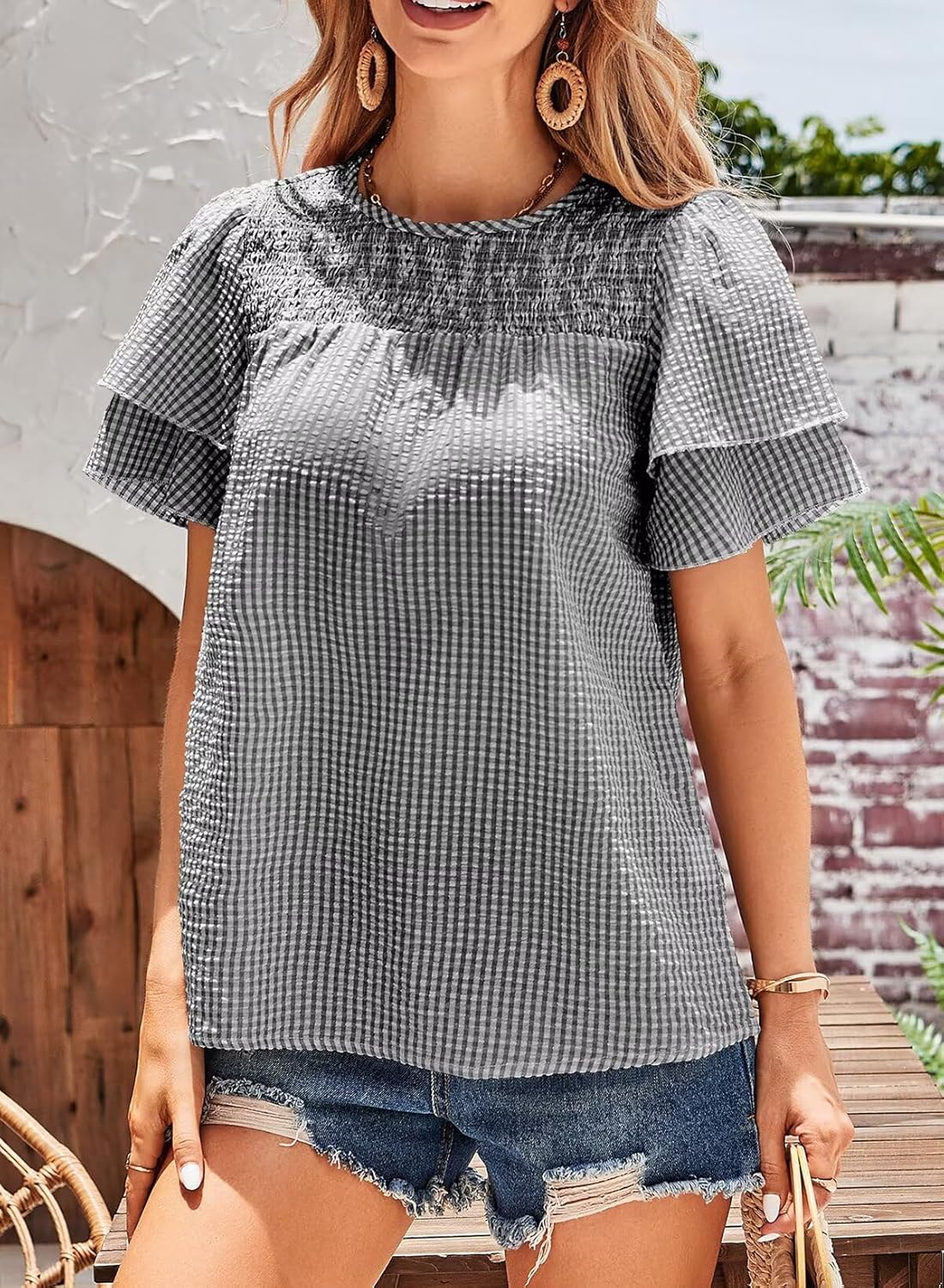 Womens Tops Dressy Casual Cute Babydoll Ruffle Sleeve Blouses Summer Gingham Flowy Peplum Peasant Shirts - Image 5