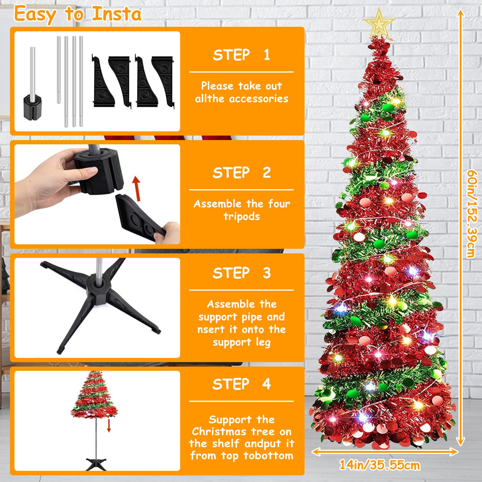 Arbol de Navidad Plegable con Luces, 150cm Árbol de Pino de Navidad Artificial con Soporte y Estrella Superior, Árbol Lápiz, Control de la Batería Pop up Xmas Tree para Navideña Decora (Rojo 1)