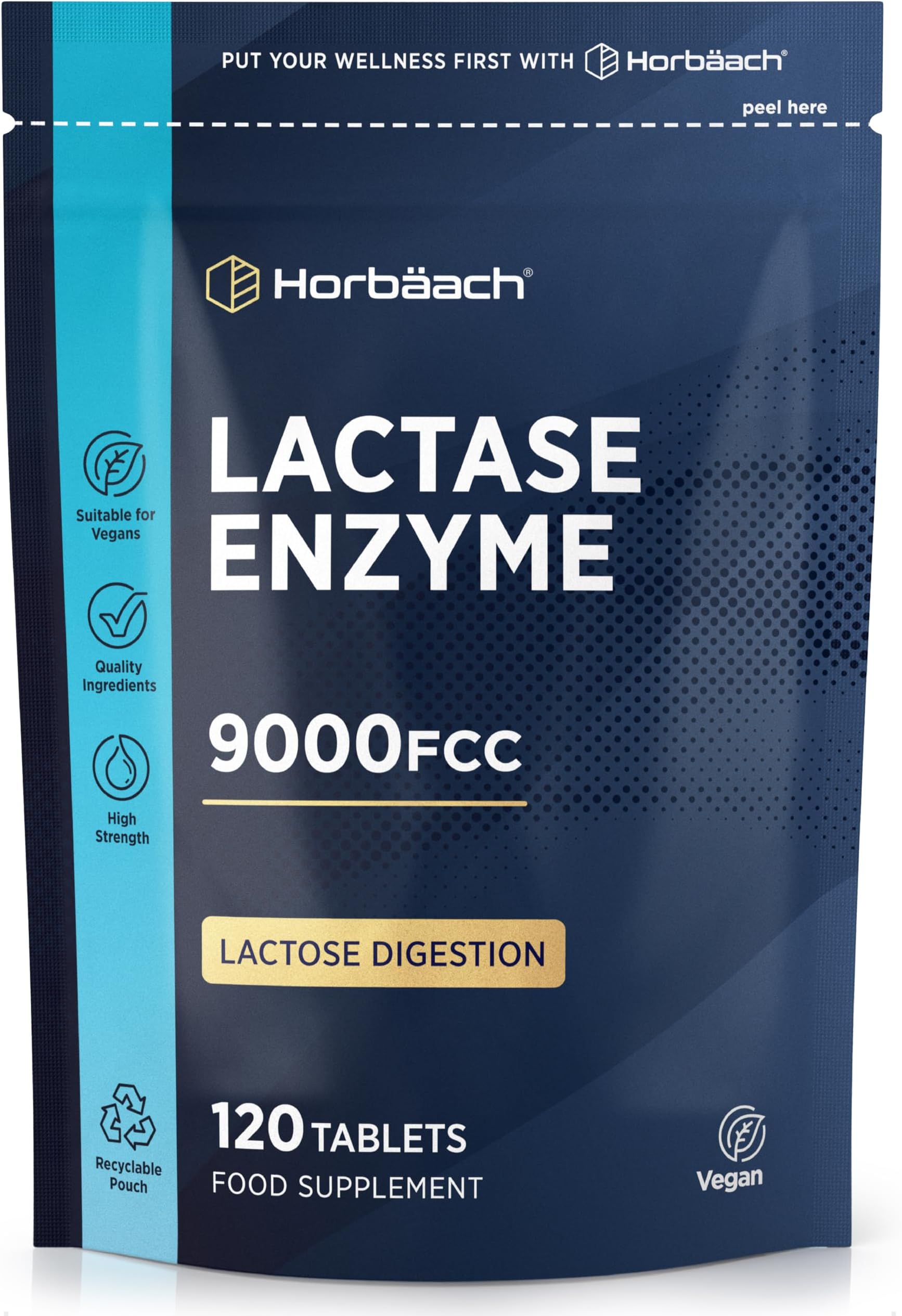 Lactase Enzyme Tablets 9000 FCC | Lactose Digestion | 120 High Strength Vegan Tablets | Food Supplement | by Horbaach