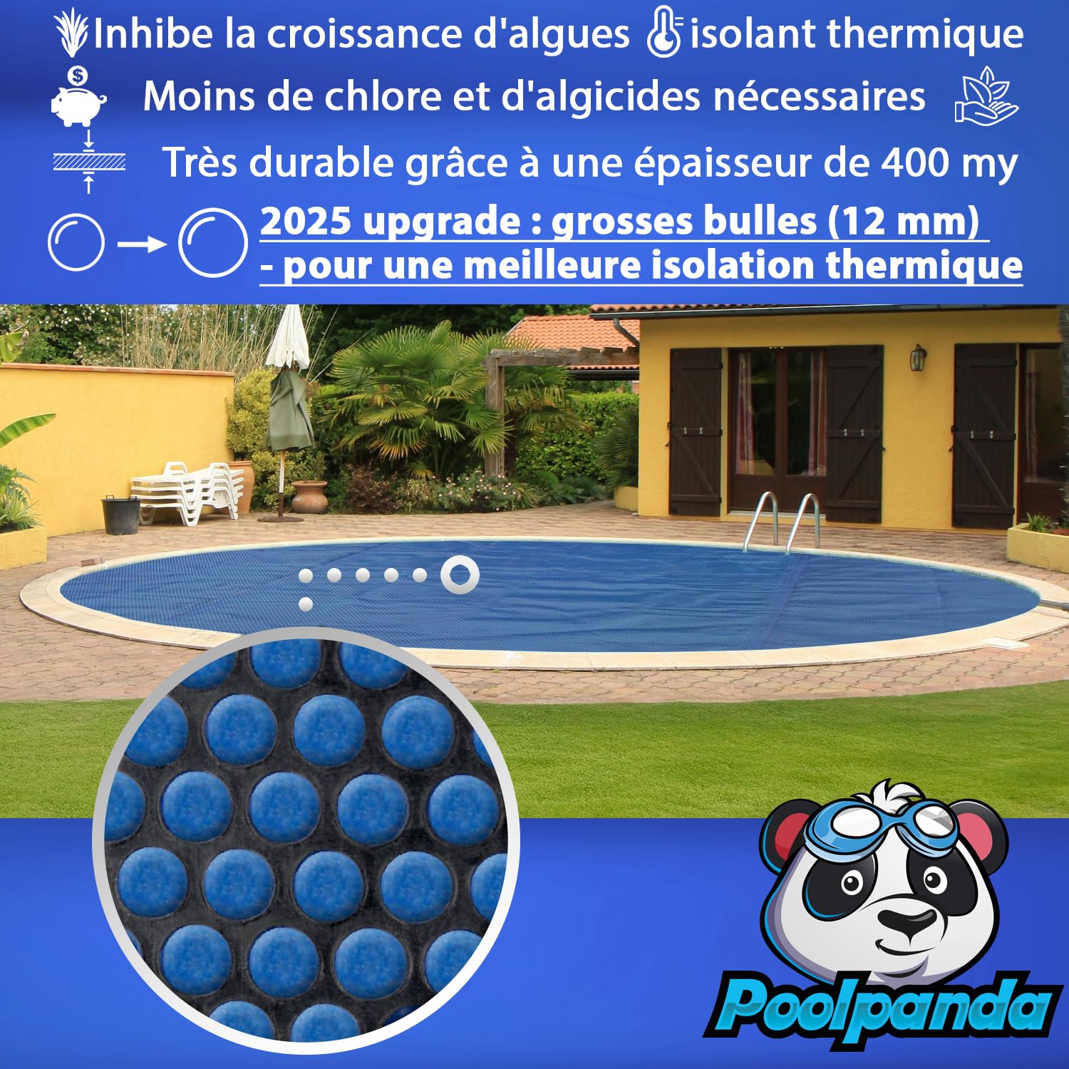 Poolpanda Premium Bâche à Bulles Ø 600 cm Rond | Épaisseur 400 µm | Noir/Bleu | découpable | Couverture de Piscine Solaire | Chauffage de Piscine