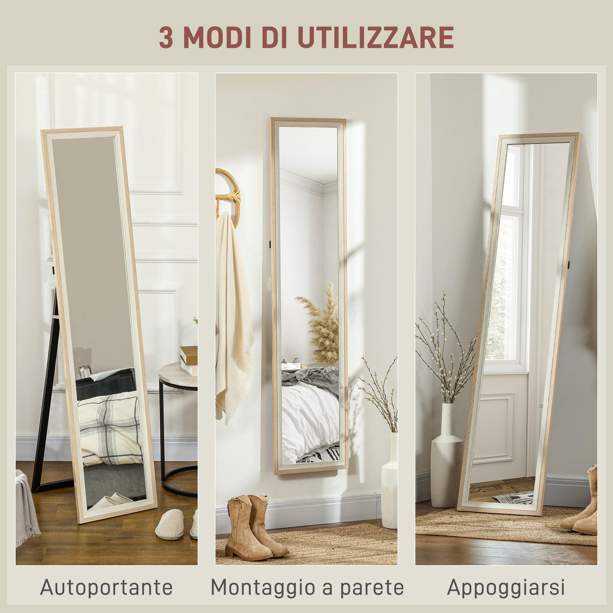 HOMCOM Specchio da Terra Moderno a Figura Intera, Specchio da Parete e Autoportante Bicolore per Camera da Letto e Ingresso, 37x157 cm, Bianco e Legno