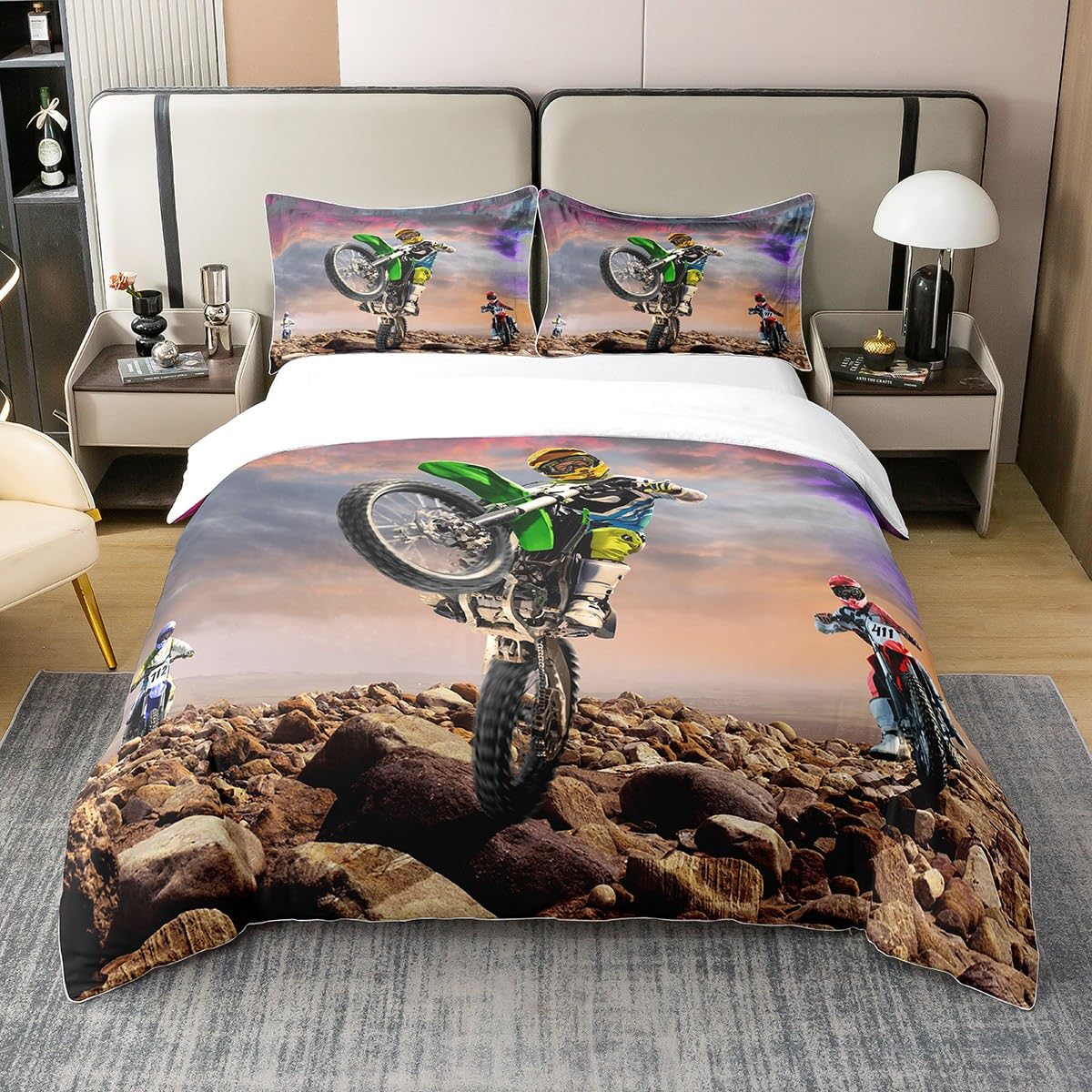 Homewish 100 % Baumwolle, Bettbezug für Motorrad, 220 x 240 cm, Motocross Rider Bettwäsche für Jungen, Jugendliche, Bettwäsche, Rennrad, Geländewagen, Extremsport, 3-teilig Küche, Haushalt & Wohnen