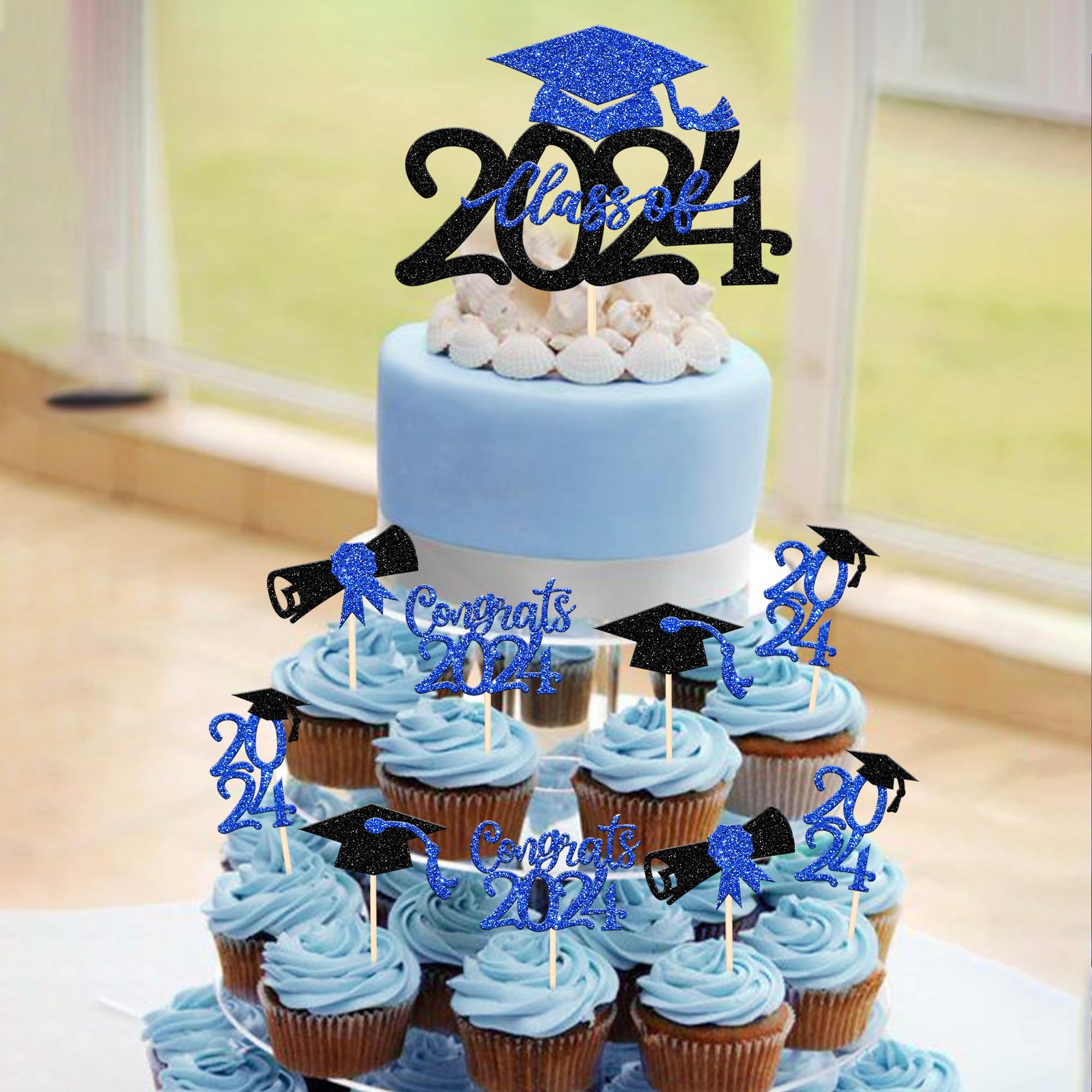 Class Of 2024 Graduation Cake Topper - Black & Blue Glitter Grad Cap Decoration With Pick - View #12