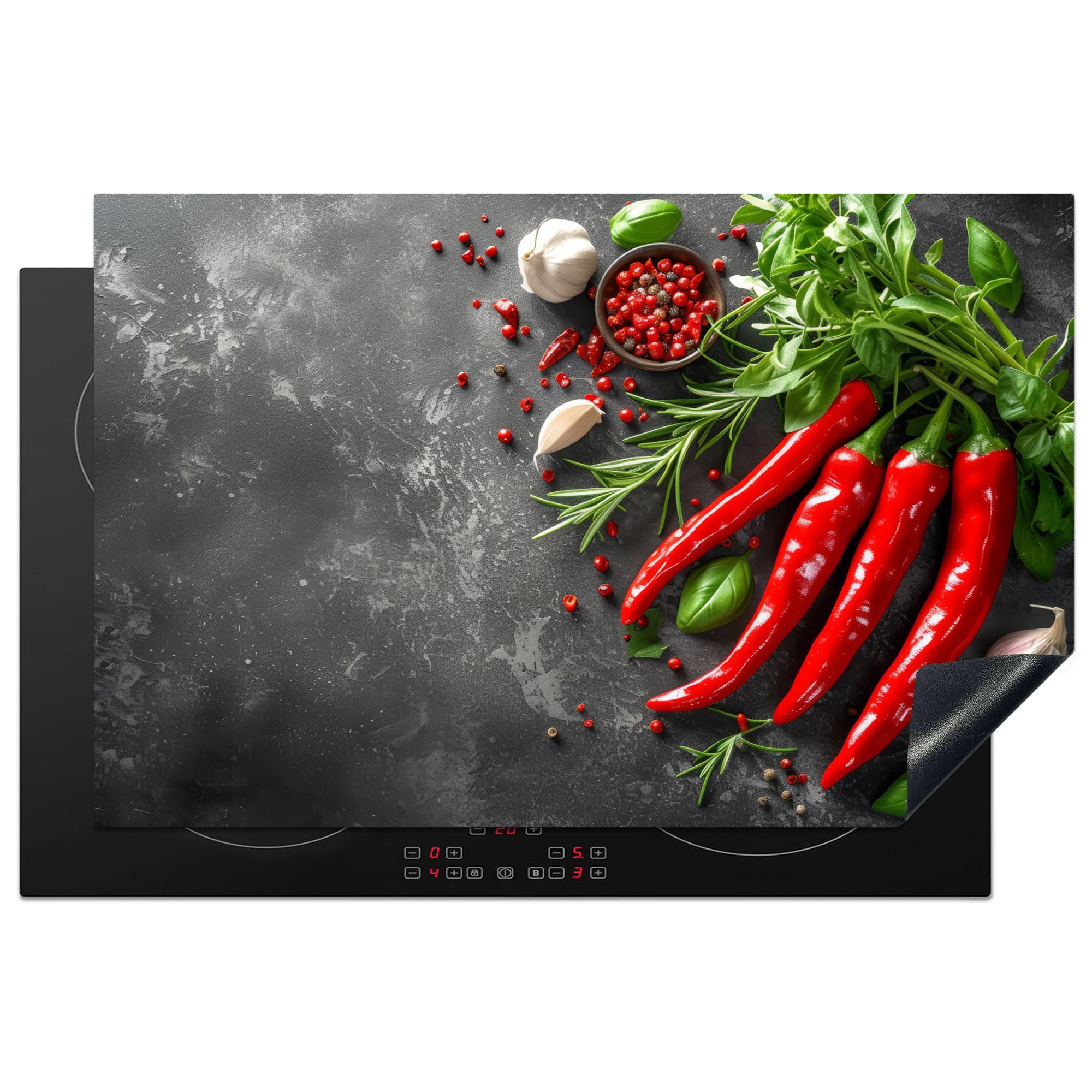 KitchenYeah© Herdabdeckplatte 80x52 cm Einteilig Ceranfeld Abdeckplatte für Induktionsschutz Ceranfeldabdeckung Vinyl Herdabdeckplatten Chilischoten - Beton - Knoblauch - Küche