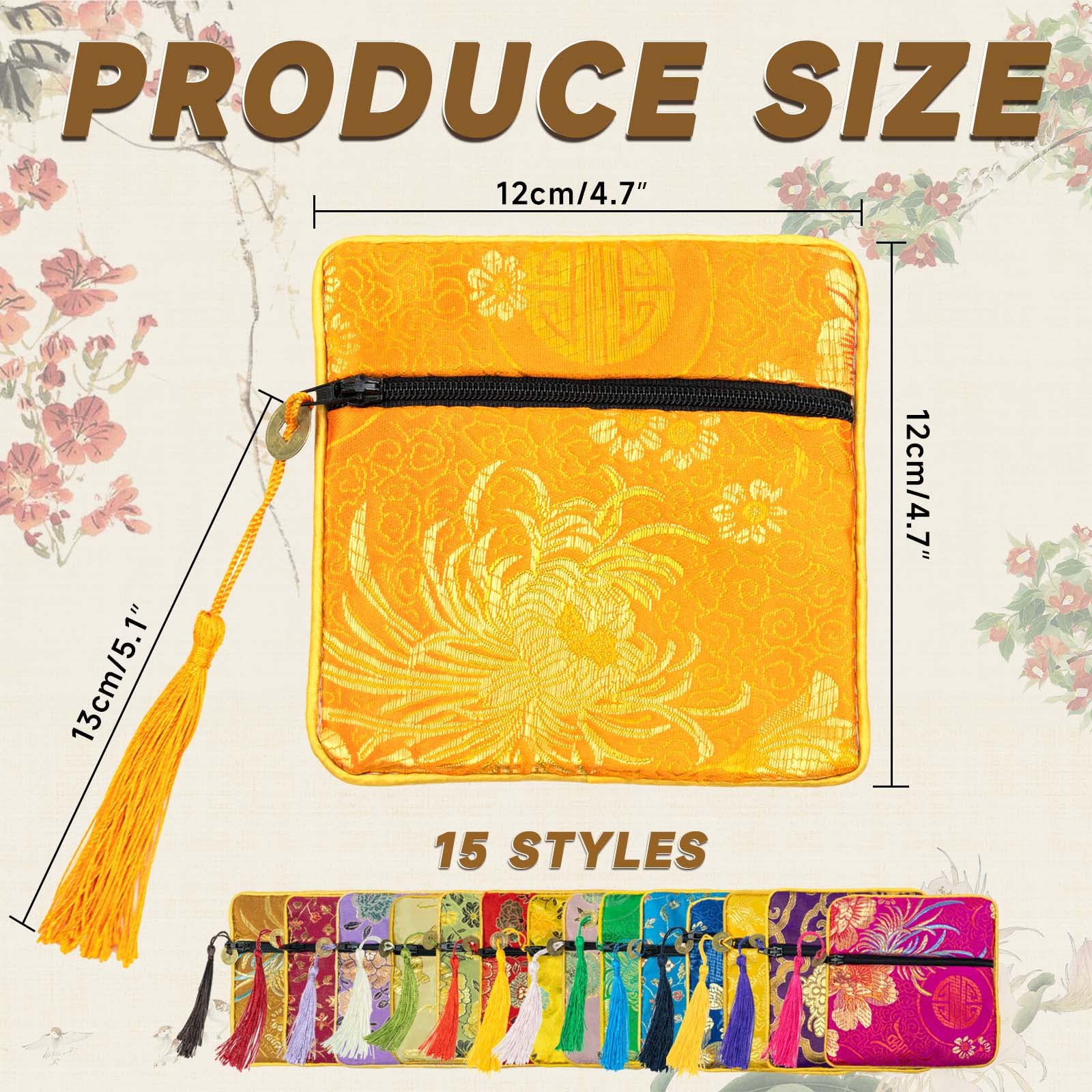 15 Pcs Silk Coin Bags, Jewelry Gift Bags, Coin Pouch, Zipper Coin Pouch, Chinese Style Change Purse, Accessory Storage and Organization for Women (4.7 x4.7 inches)