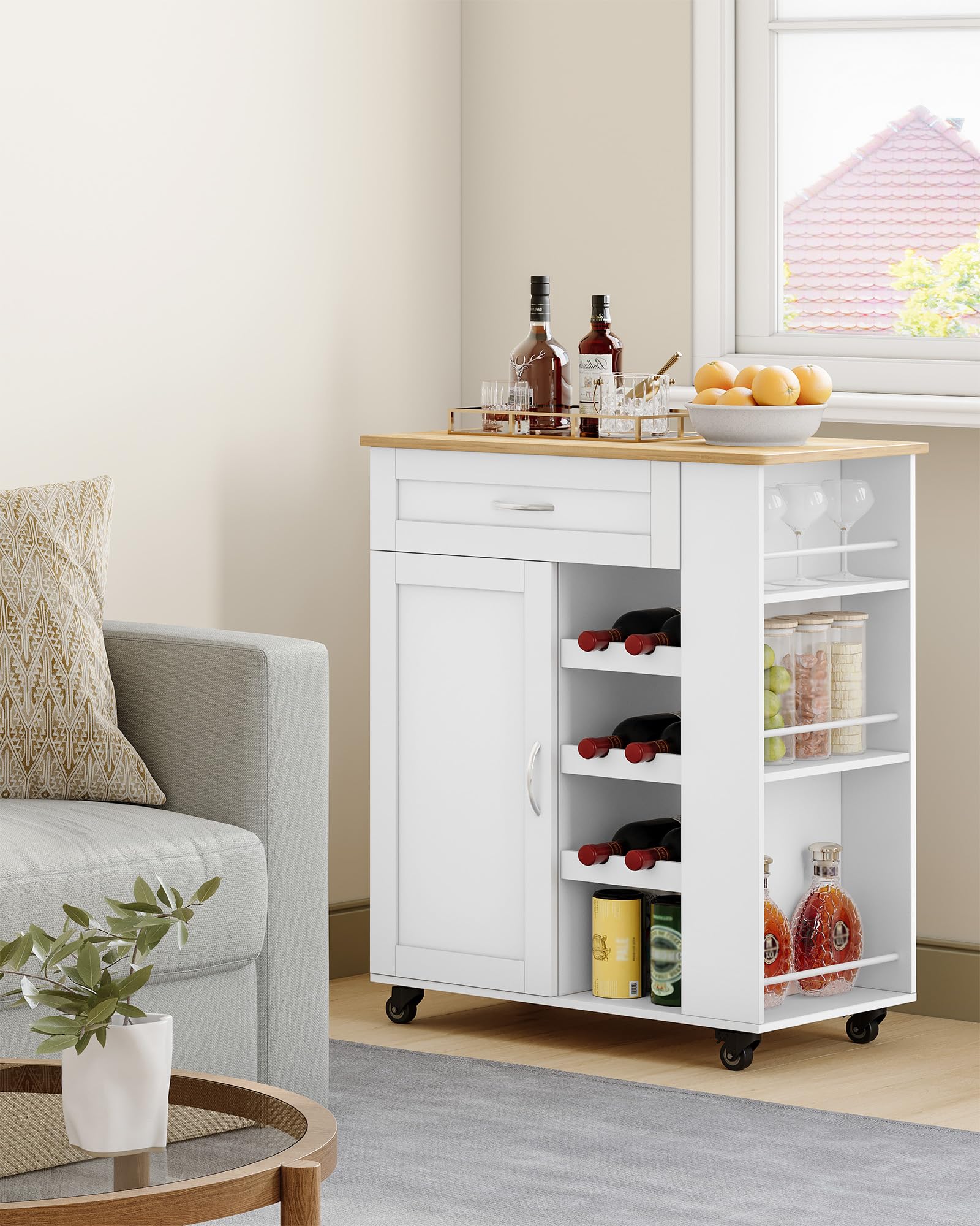 Hzuaneri Carrello Cucina, Mobile Cucina, Scaffale 3 Ripiani con Espositore per Vino, Mobile Multifunzione con Ruote, per Cucina, Soggiorno e Sala da Pranzo, 40 x 68 x 86 cm, Bianco ST03003W