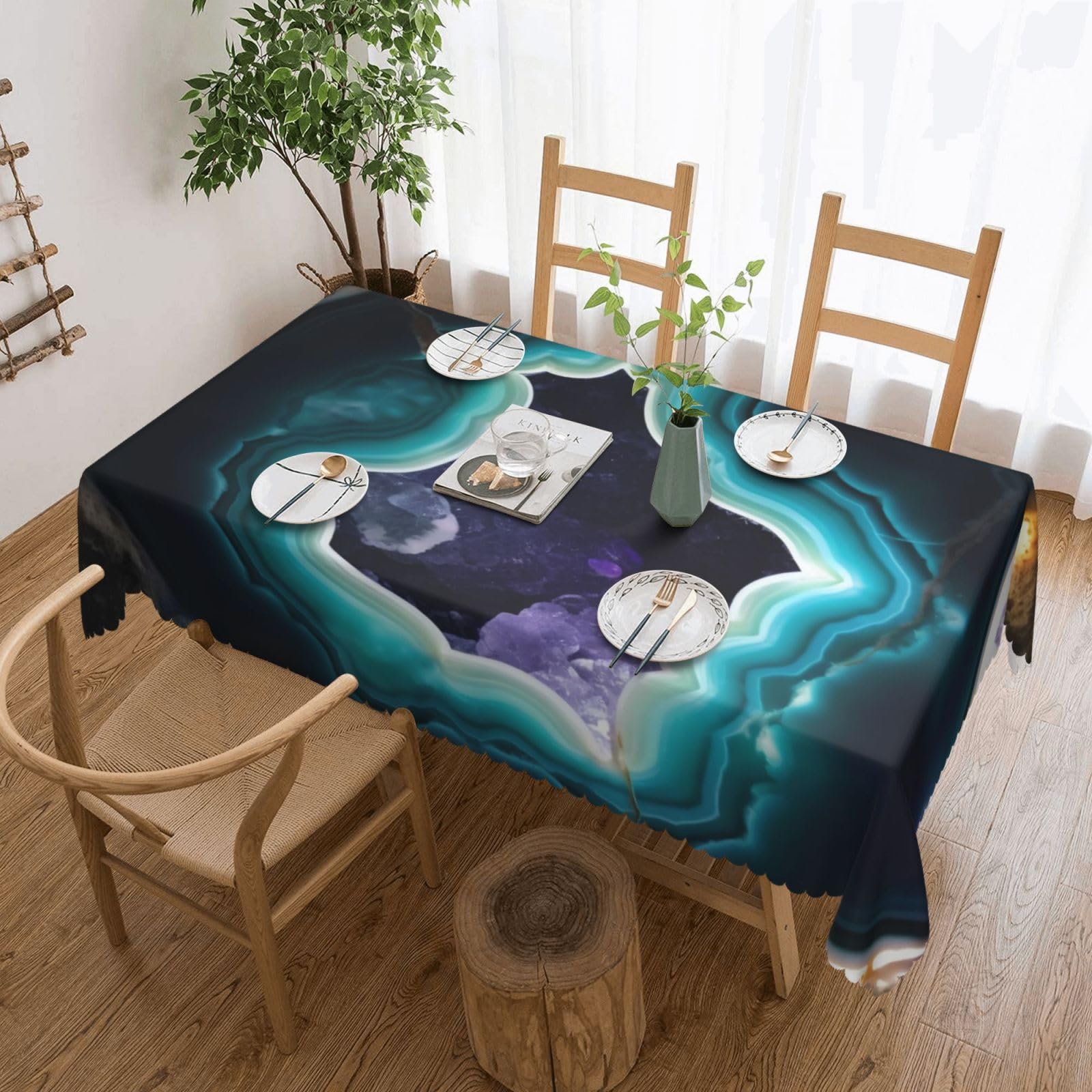 WPKJU Teal Agate Printed Rectangle Tablecloth 72x54 Inch with Lace Trim, Water-Resistant Washable Table Cover for Farmhouse Weddings, Outdoor Picnics & Holiday Dining