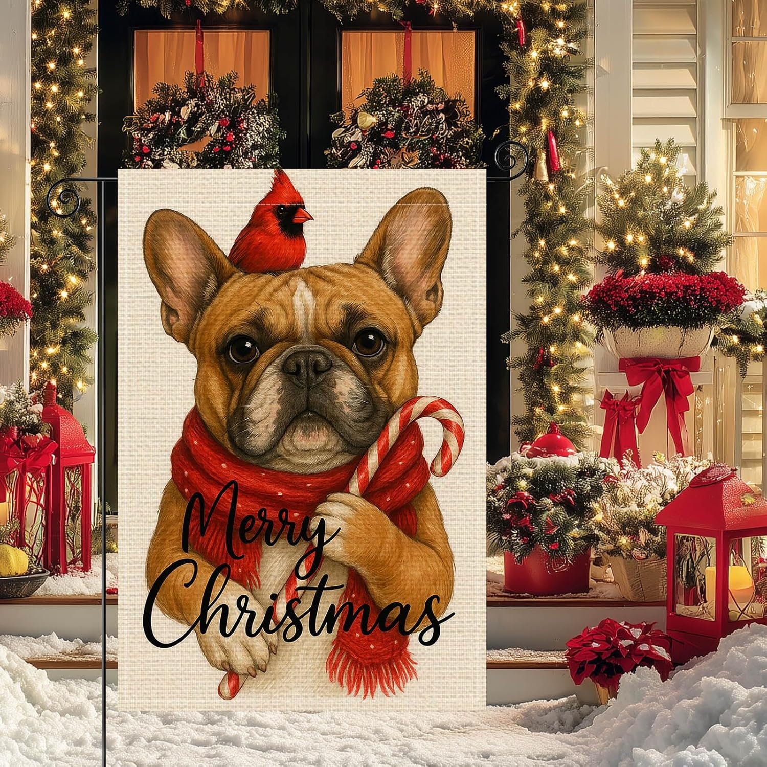 Merry Christmas Dog Garden Flag Double Sided 12x18 Inch Burlap Holiday Garden Flag French Bulldog with Red Scarf Seasonal Banner for Indoor and Outdoor Decoration Yard Lawn Decor - Image 7