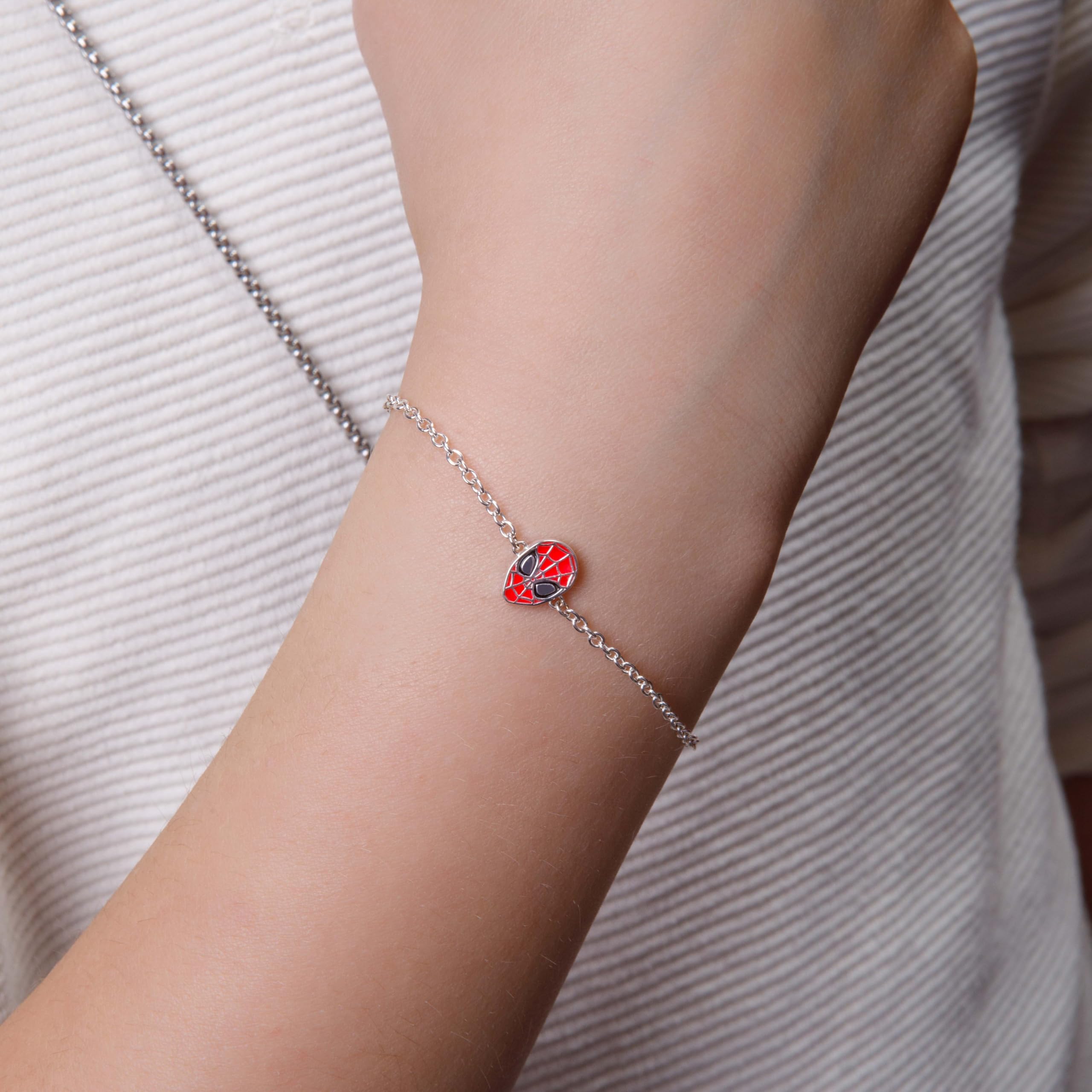 Marvel Braccialetto di Spider-Man in Argento Sterling con Testa di Spider-Man e Allungatore regolabile per Bambine