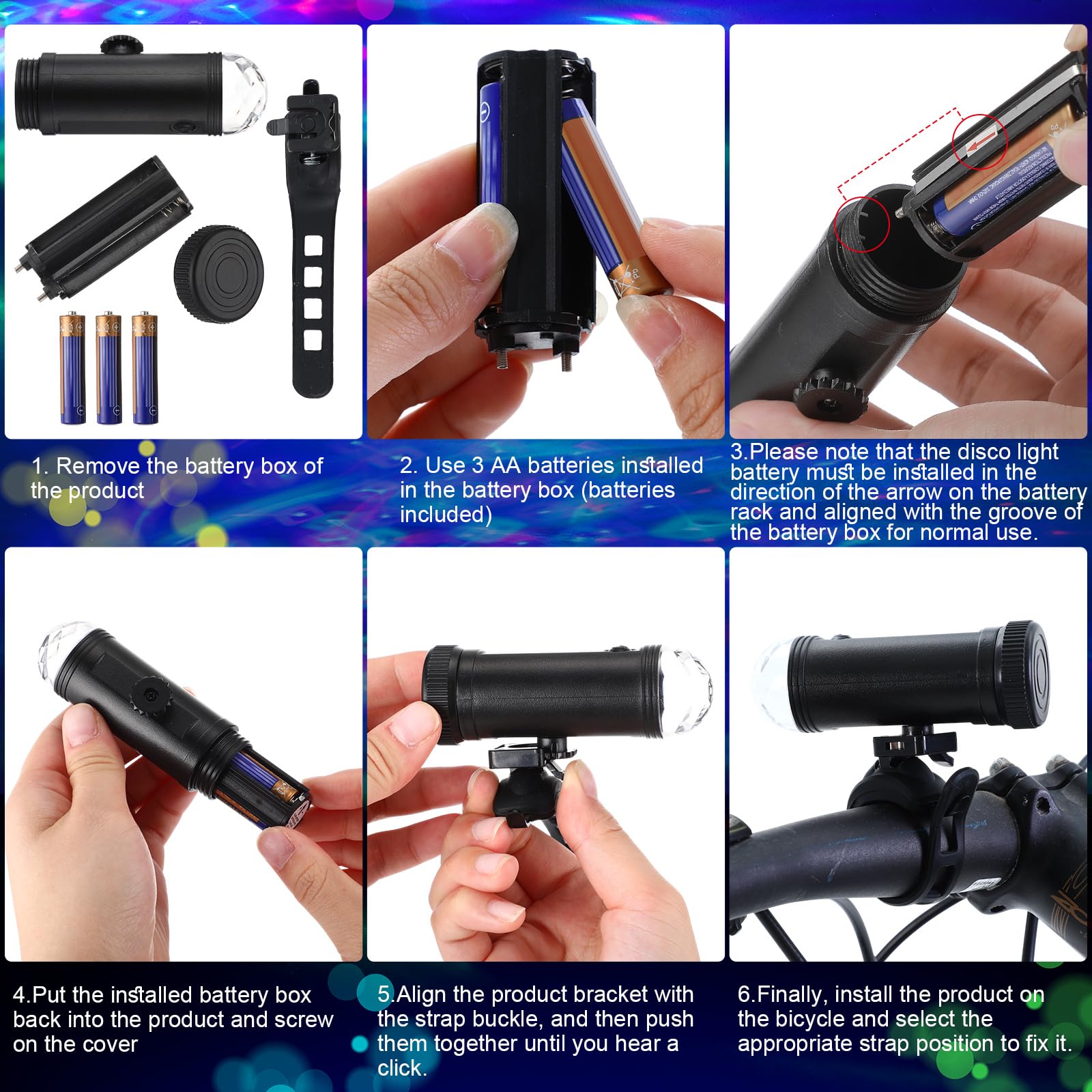 Lumière LED pour vélo, scooter, discothèque, lumière tricolore, clignotant, accessoire de cyclisme amusant, cadeau de Noël, 3 piles AAA incluses